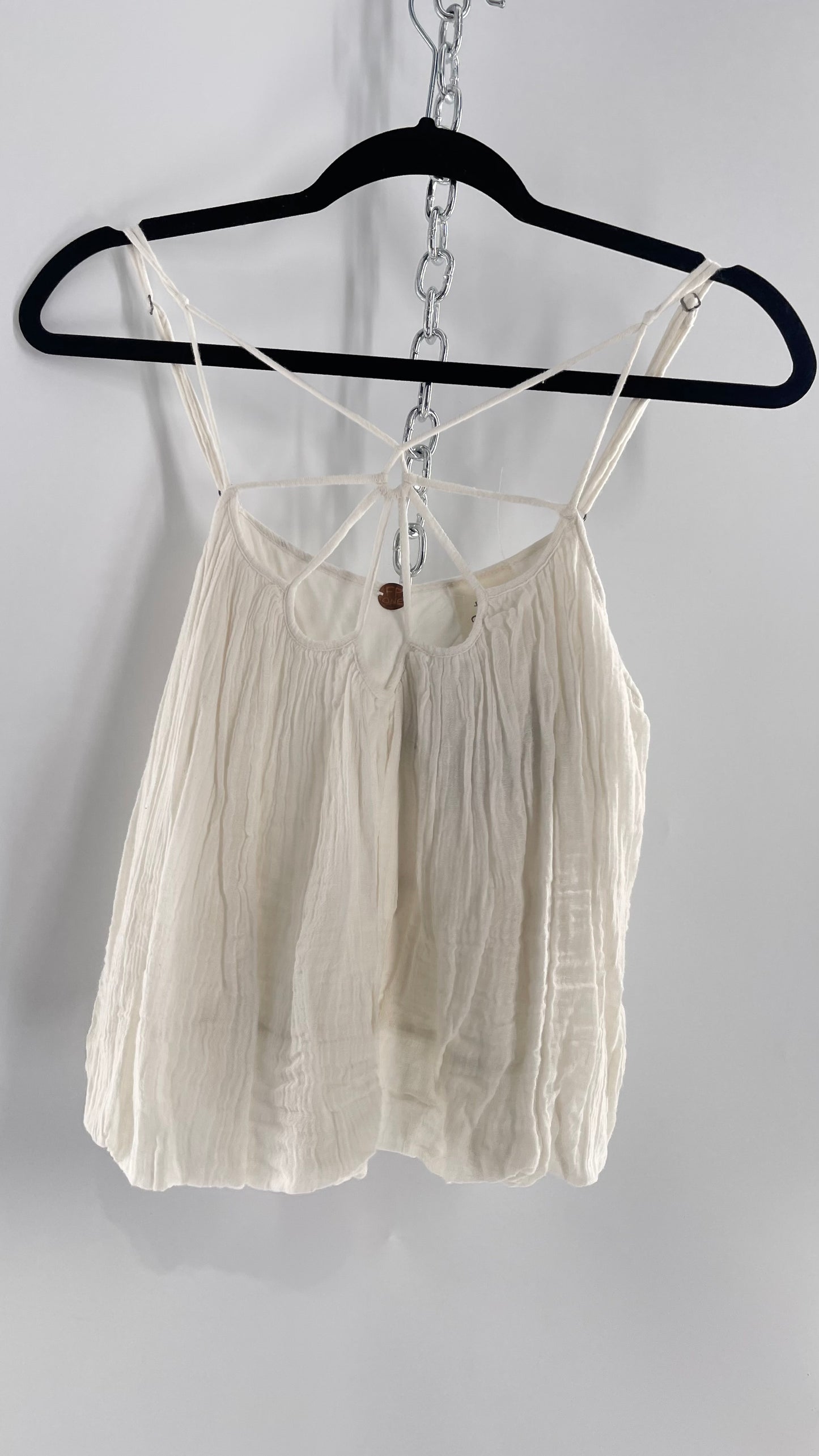 Free People White Cotton Bubble Sleeveless Blouse with Strappy Neckline (M)