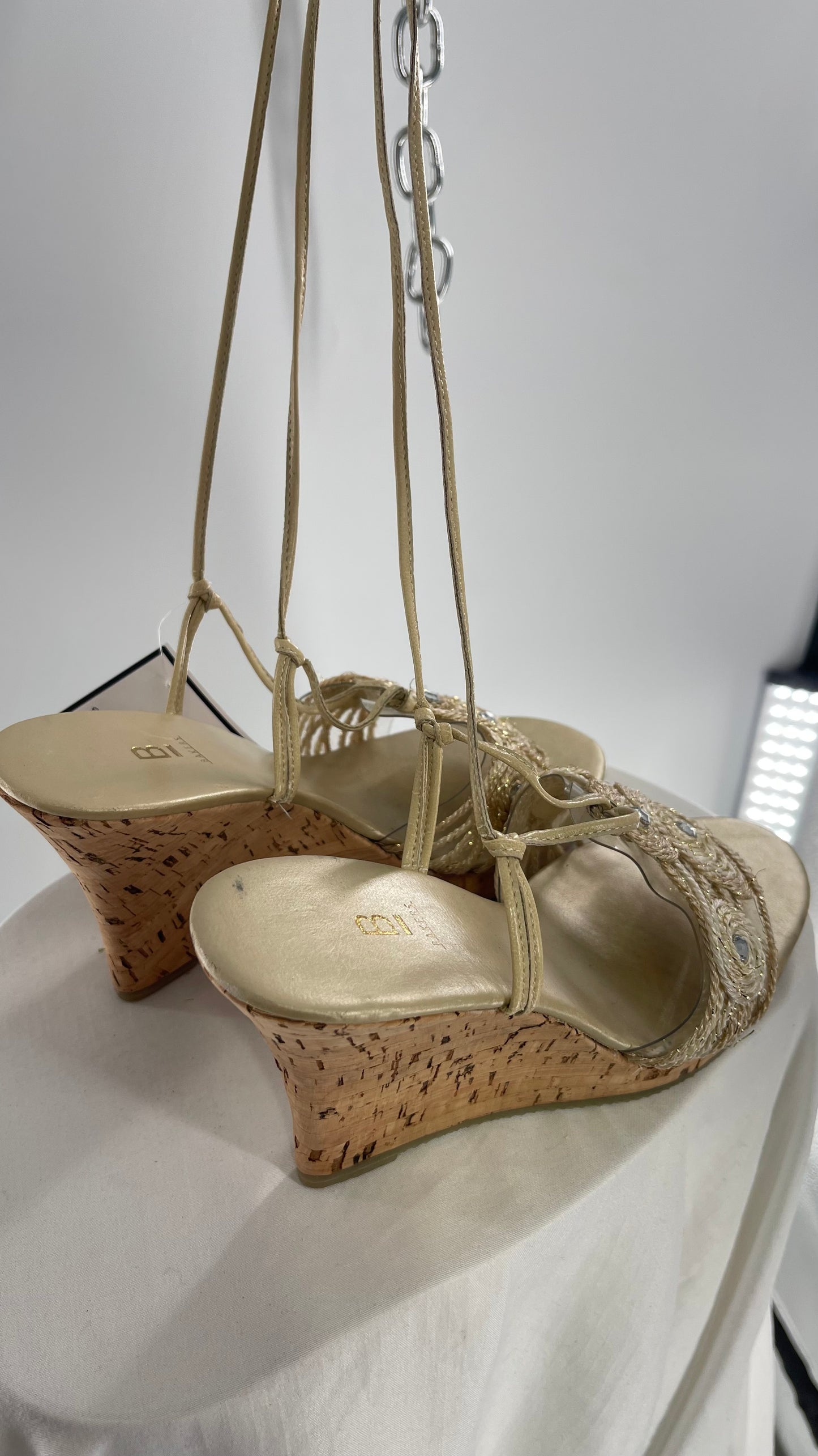 Vintage Bakers Cork Wedge Strappy Neutral Bedazzled Heel (8)