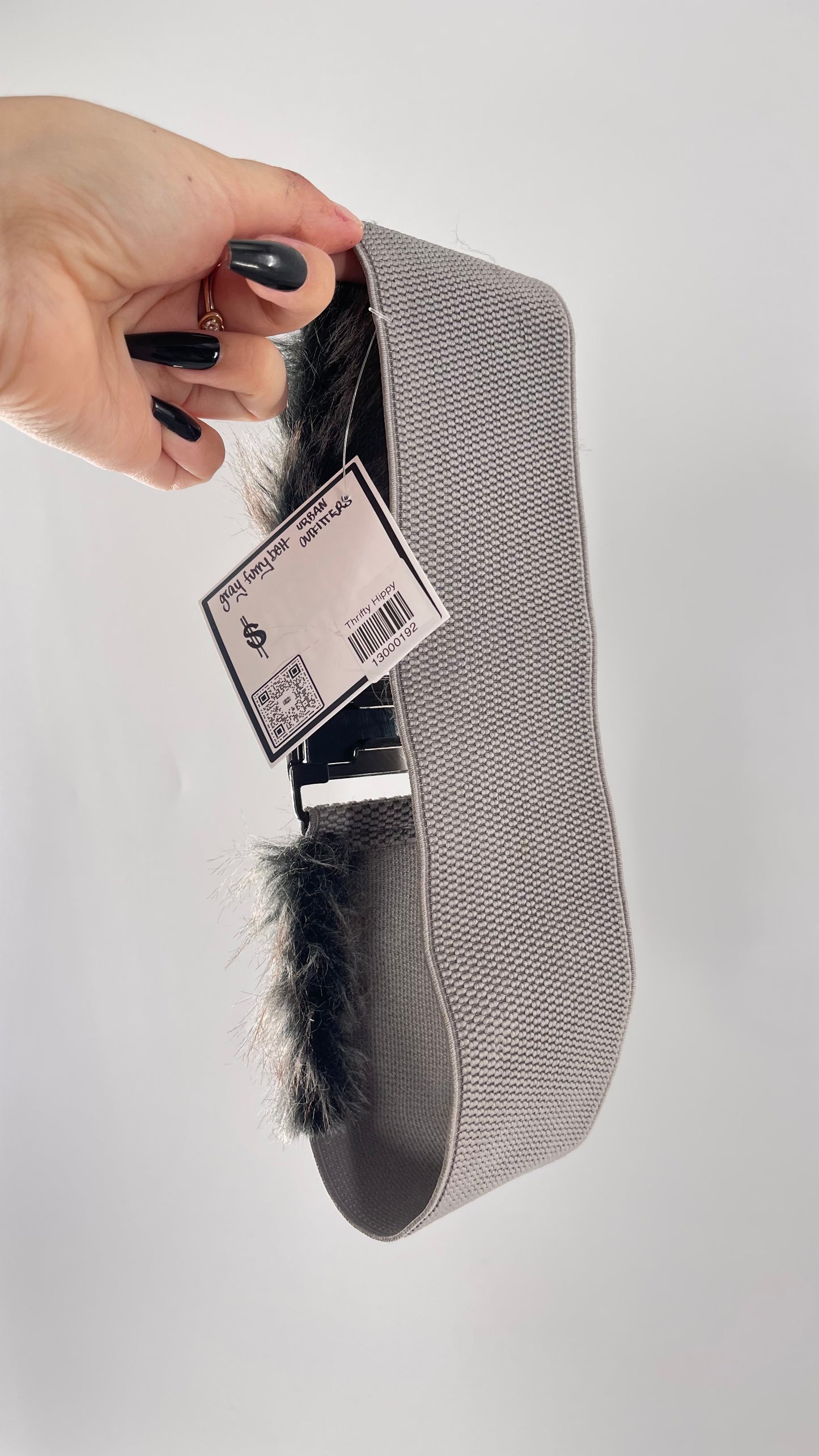 Urban Outfitters Gray Stretchy Waist Belt with Faux Fur Trim Detail and Metal Clasp