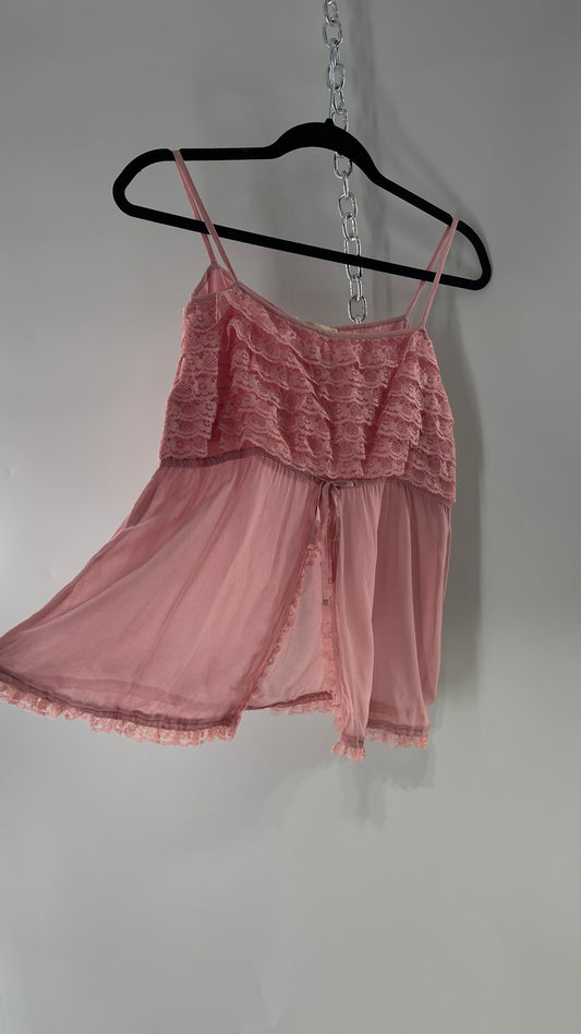 Andrew & Co NYC Deadstock Vintage Ruffled Lace Pink Tank with Bow Detail and Vented Bodice (S/M)