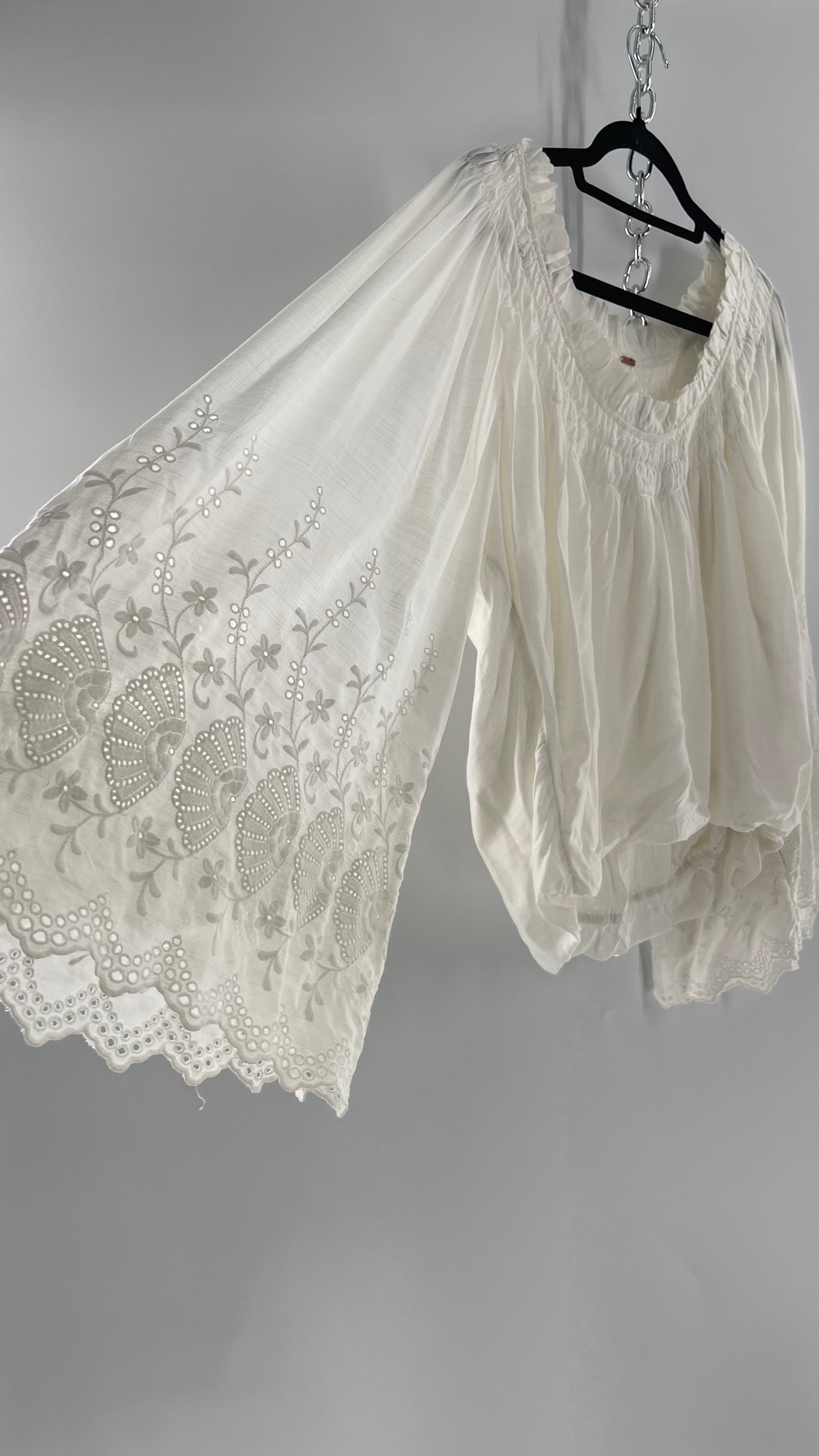 Free People White Bubble Hem Blouse with Linen Embroidered Bell Sleeves (Medium)