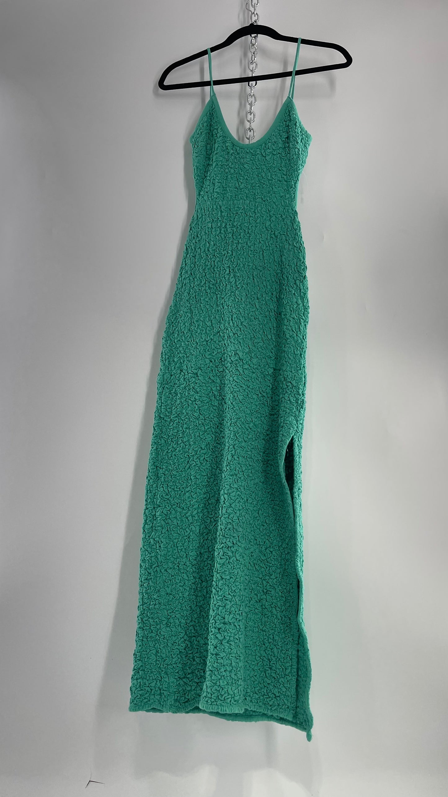 Free People Kelly Green Popcorn Maxi Dress with Low, Open Back Detail (XS)