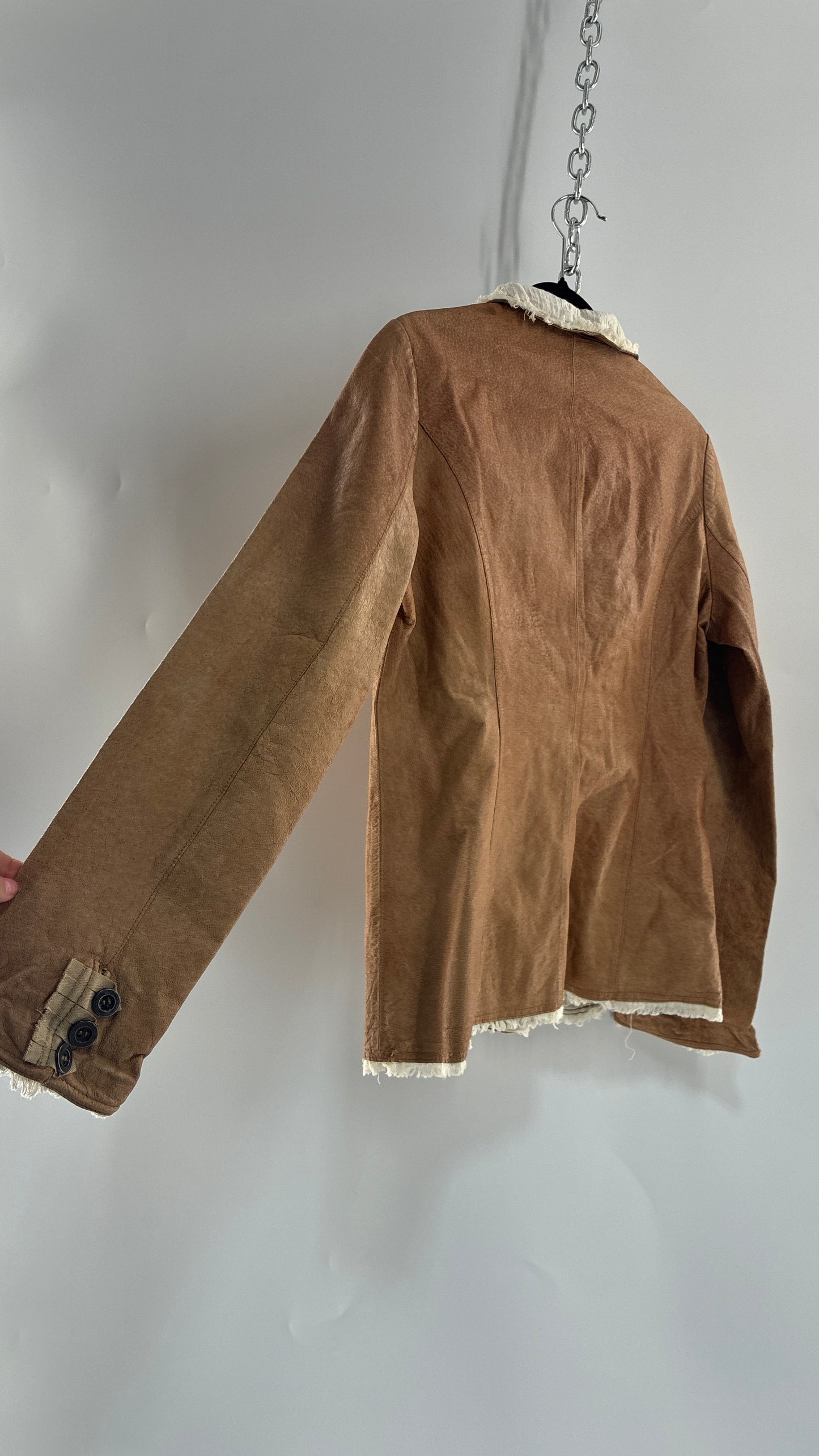 Vintage JAKETT Tan Leather Jacker with Cotton Raw Edge Trim+ Lining and buttoned Cuffs (Medium)