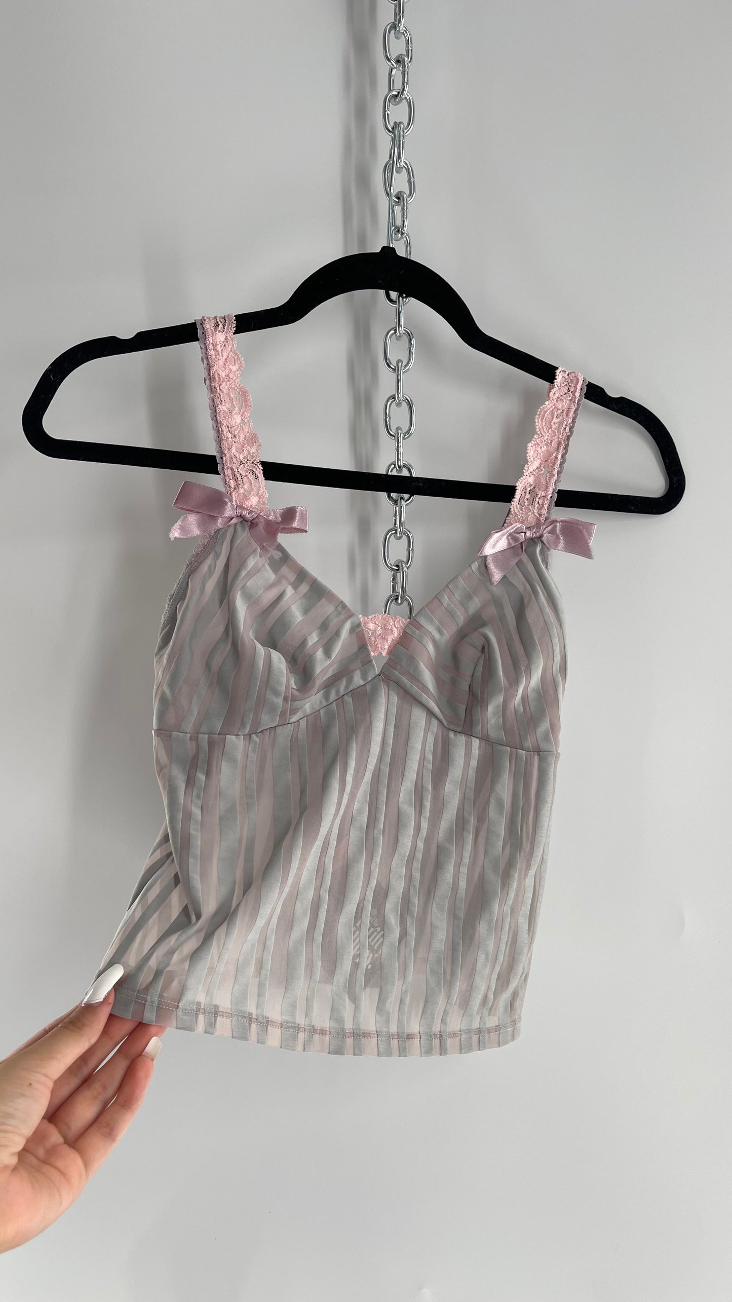 Sophie B Vintage Gray Sheer Striped Camisole Tank with Pink Lace, Bows and Ribbon (M)