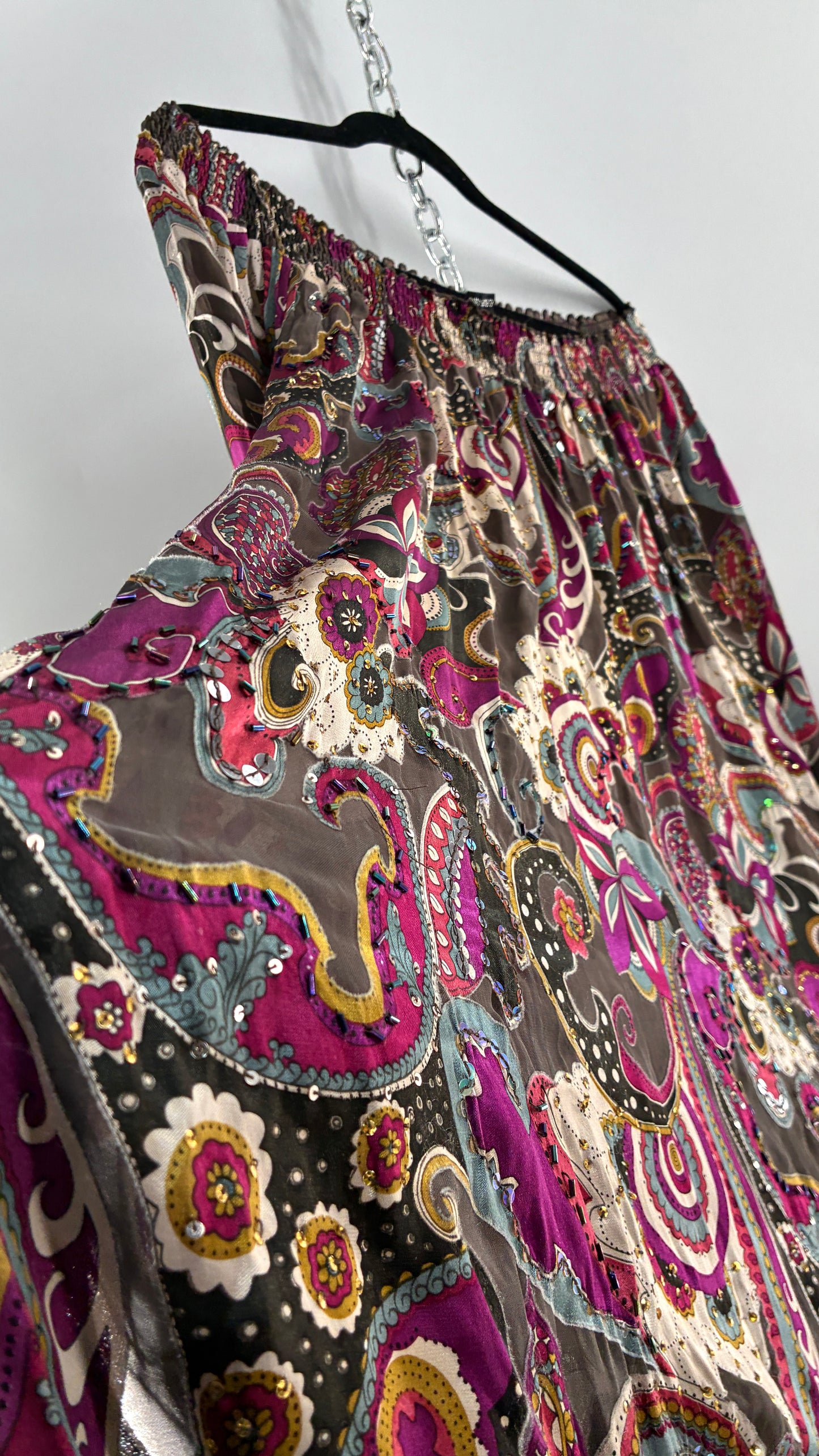 Vintage Italian 1990s 35% Silk Beaded Off the Shoulder Paisley Blouse/Mini Dress with Lace Trim (One Size)
