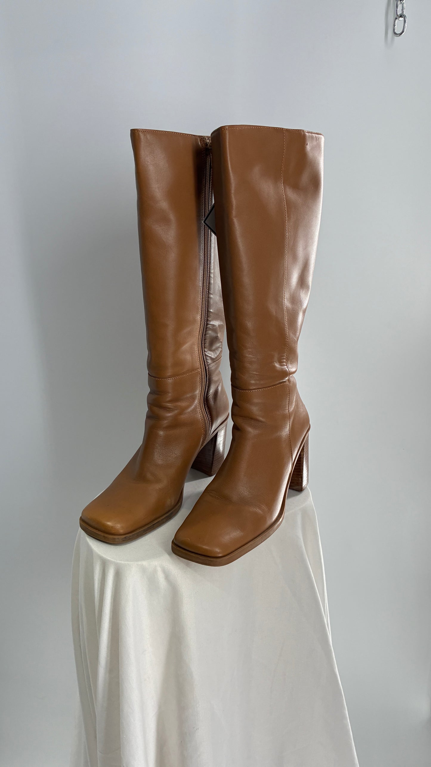 Vintage Strive Genuine Leather Square Toe Knee High Boots with Chunky Block Heel Made in Uruguay (9.5)