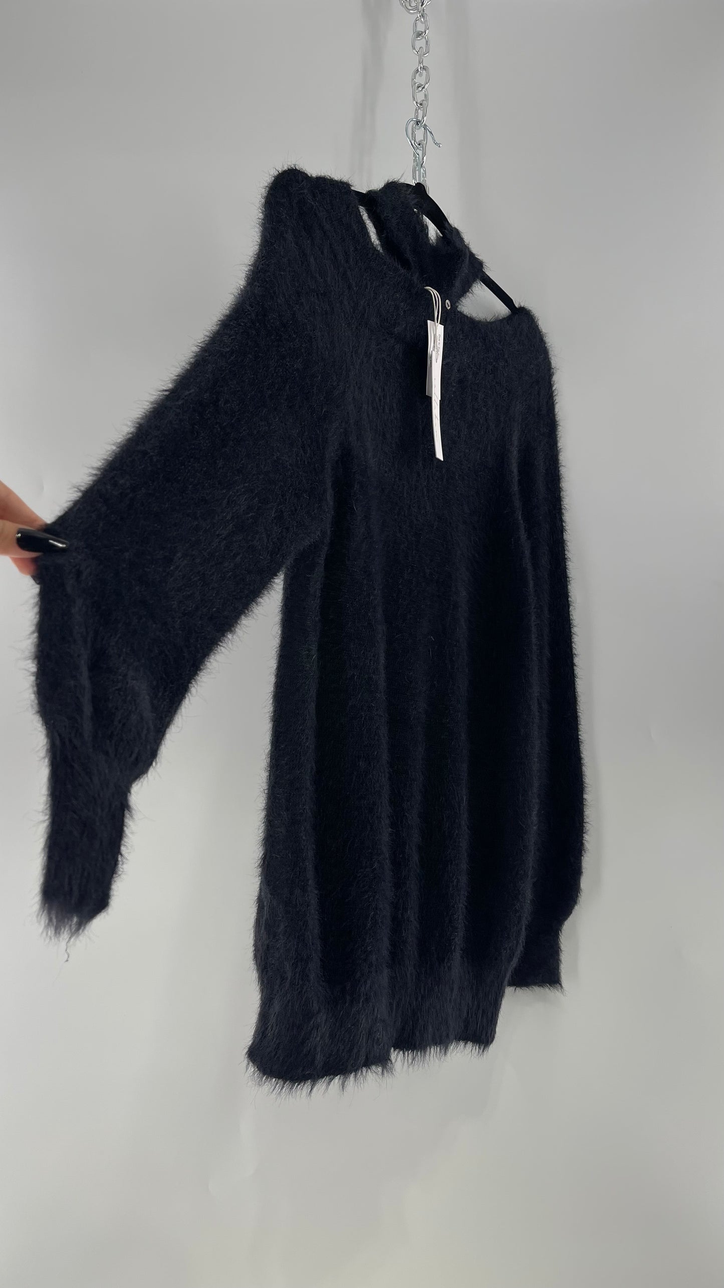 Callahan Black Fuzzy/Shaggy Slouchy Sweater with Choker Neckline Detail (Small)
