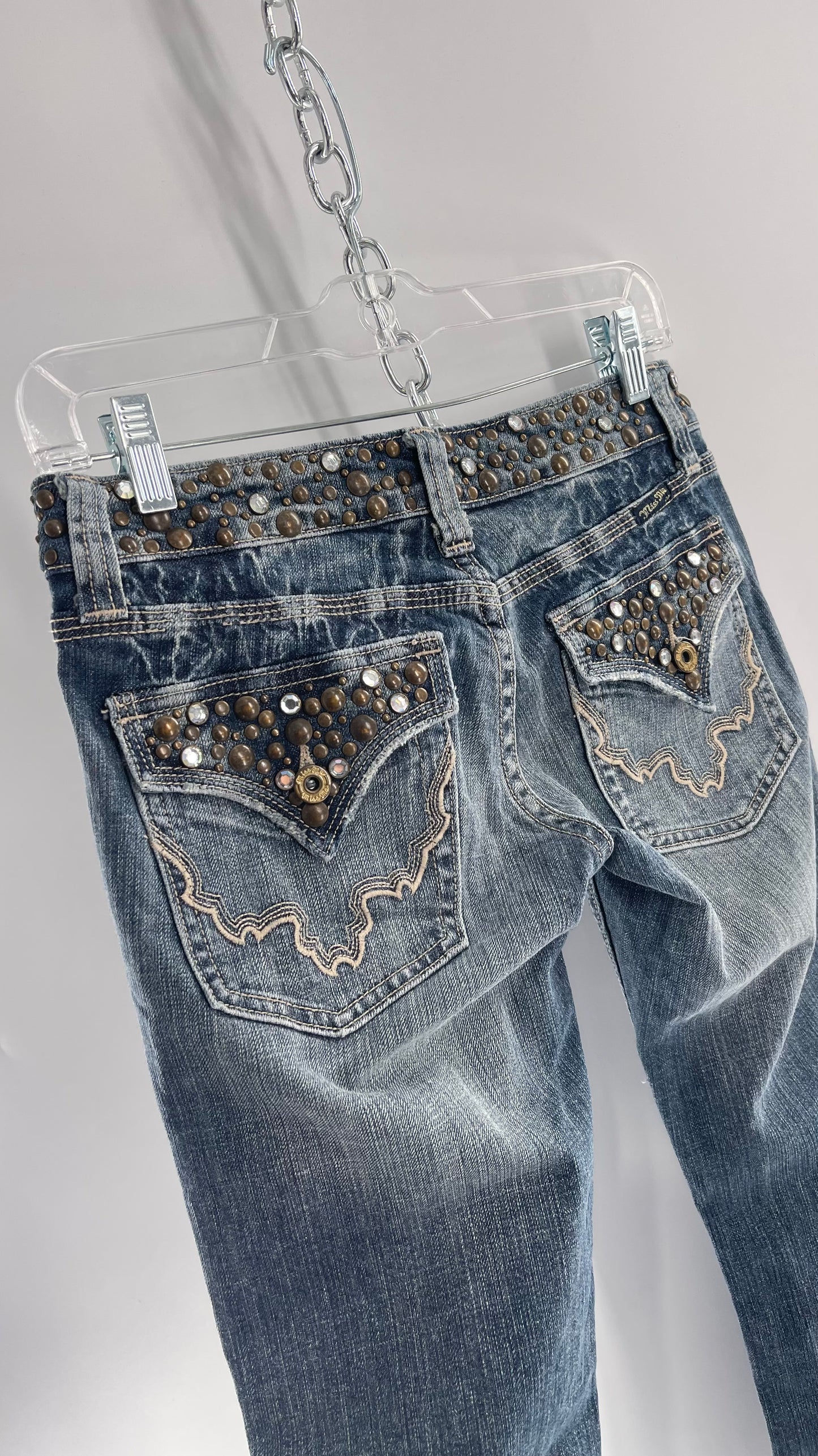 Vintage Miss Me Grainy Stone Wash Kick Flares with Studded Low Waist and Back Pockets (26)