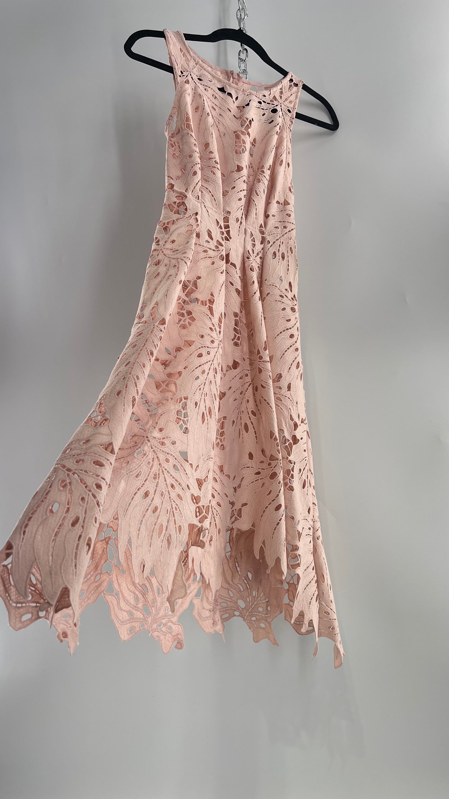 Anthropologie Eva Franco Baby Pink Completely Laser Cut Lace Palm Leaf Knee High Dress (2)