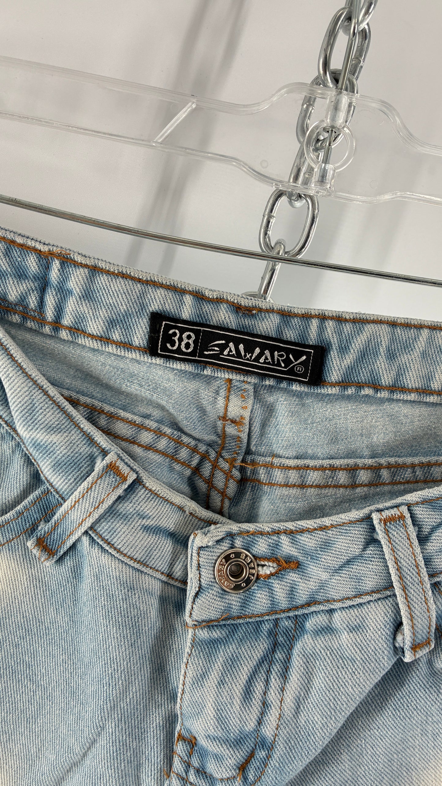 Vintage SAWARY Light Wash Brazilian Jeans with Fade and Embroidered Details (38)