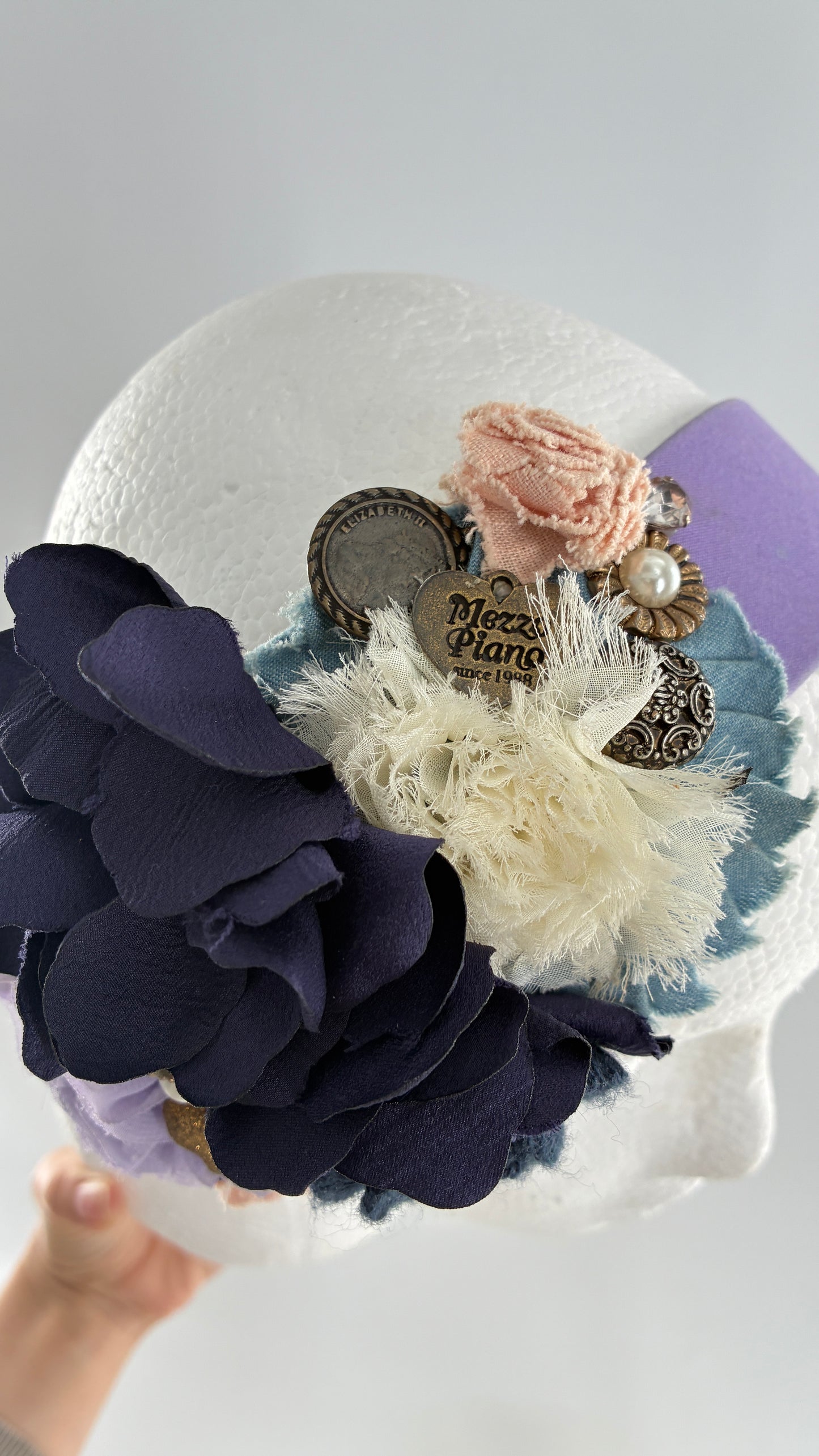 Vintage FARMER Handmade Lilac Headband with Purple Ribbon,  Pleated, Floral, and Gemstone Appliqués