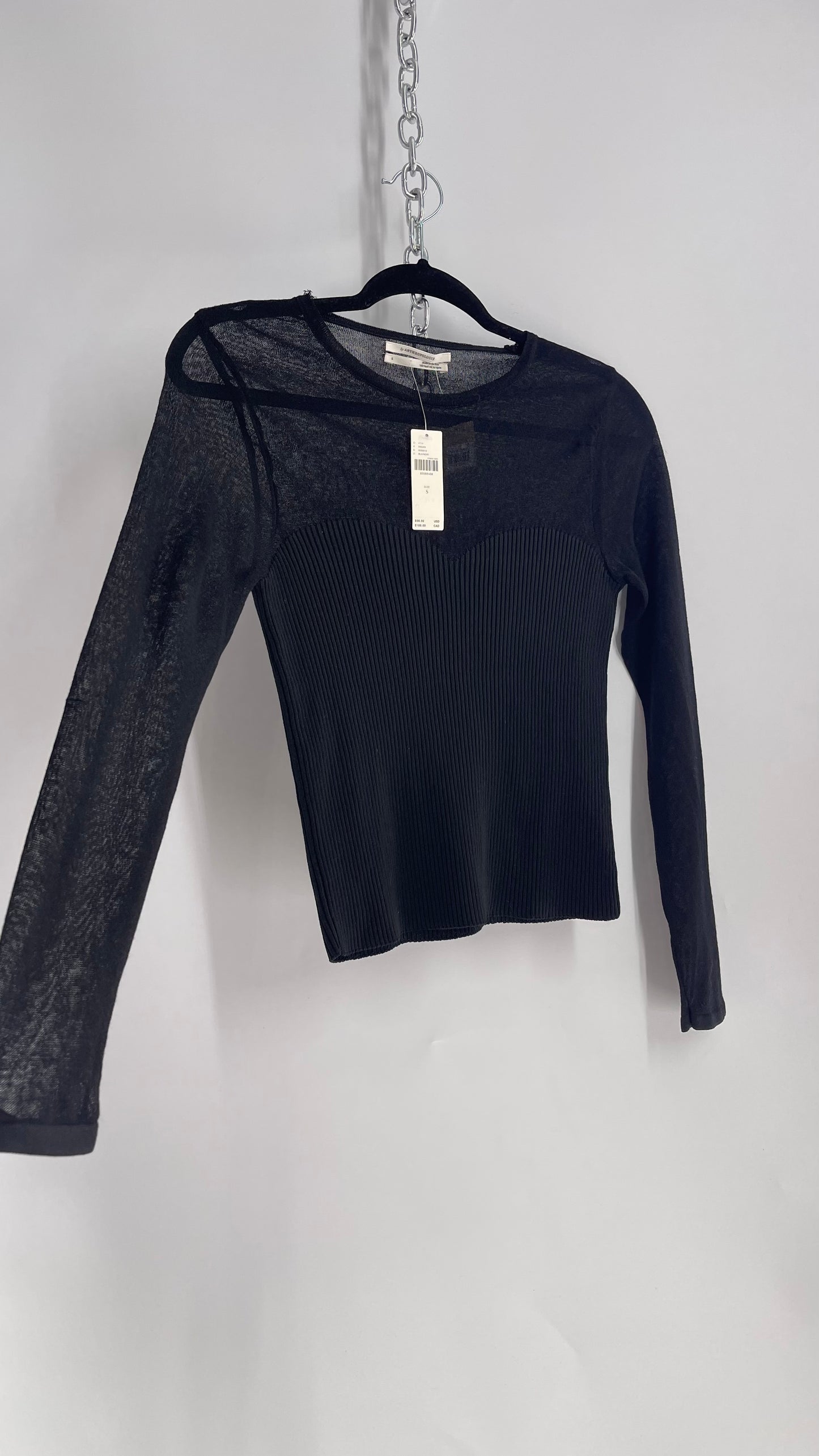 Anthropologie Black Knit Long Sleeve with Ribbed Sweetheart Neckline and Tags Attached (Small)