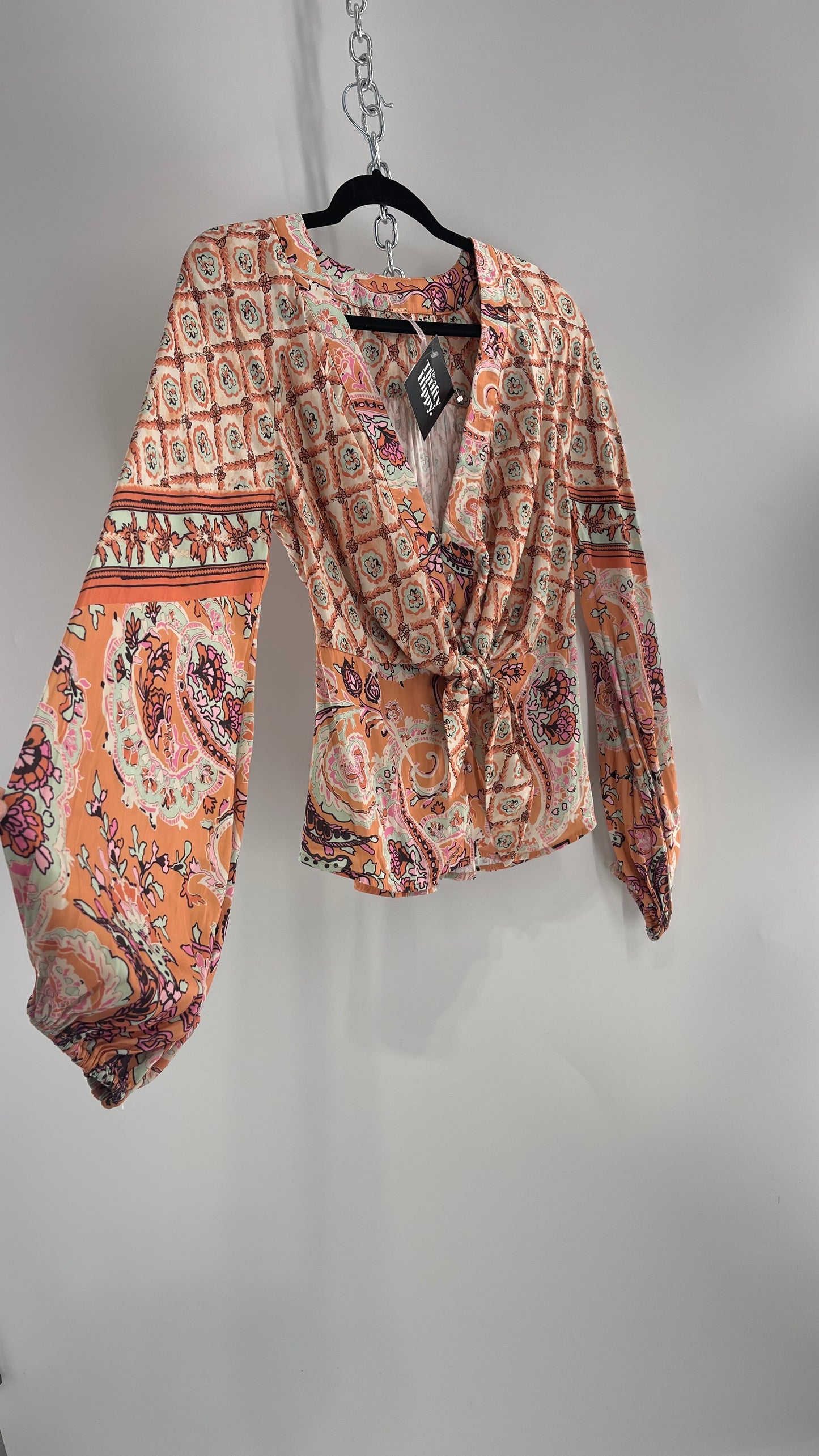 Free People Orange Pastels Paisley Blouse with Bust Tie and Balloon Sleeves (XS)