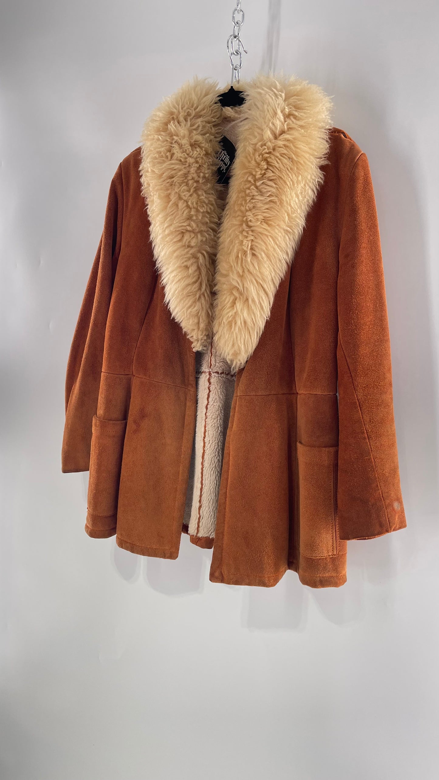 1970s Vintage Burnt Orange Suede Thick Heavy Sherpa Lined Jacket with Genuine Fur Collar (C)(Medium)