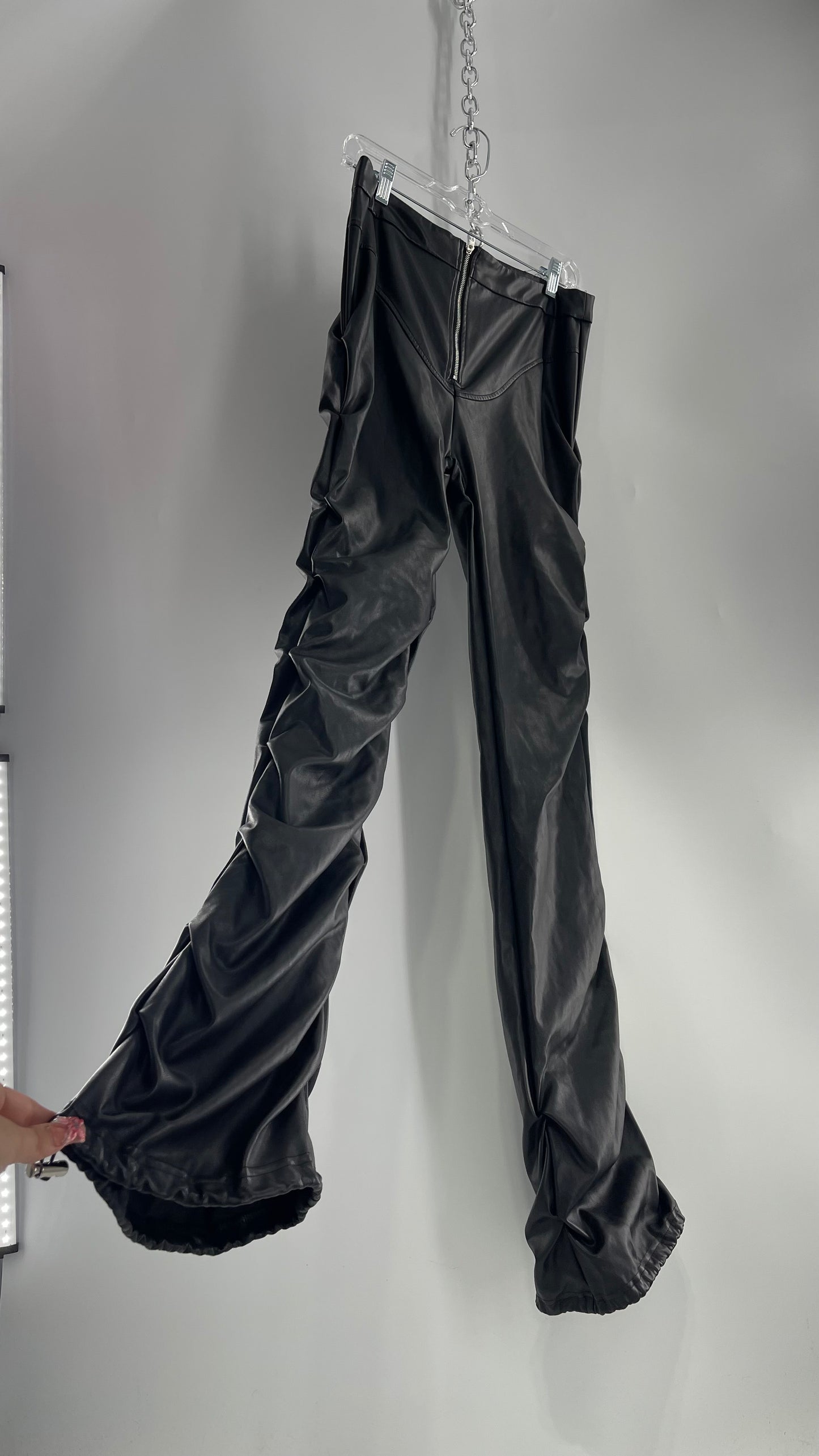 Vintage Black Faux Leather Stacked Flared Pant (29)