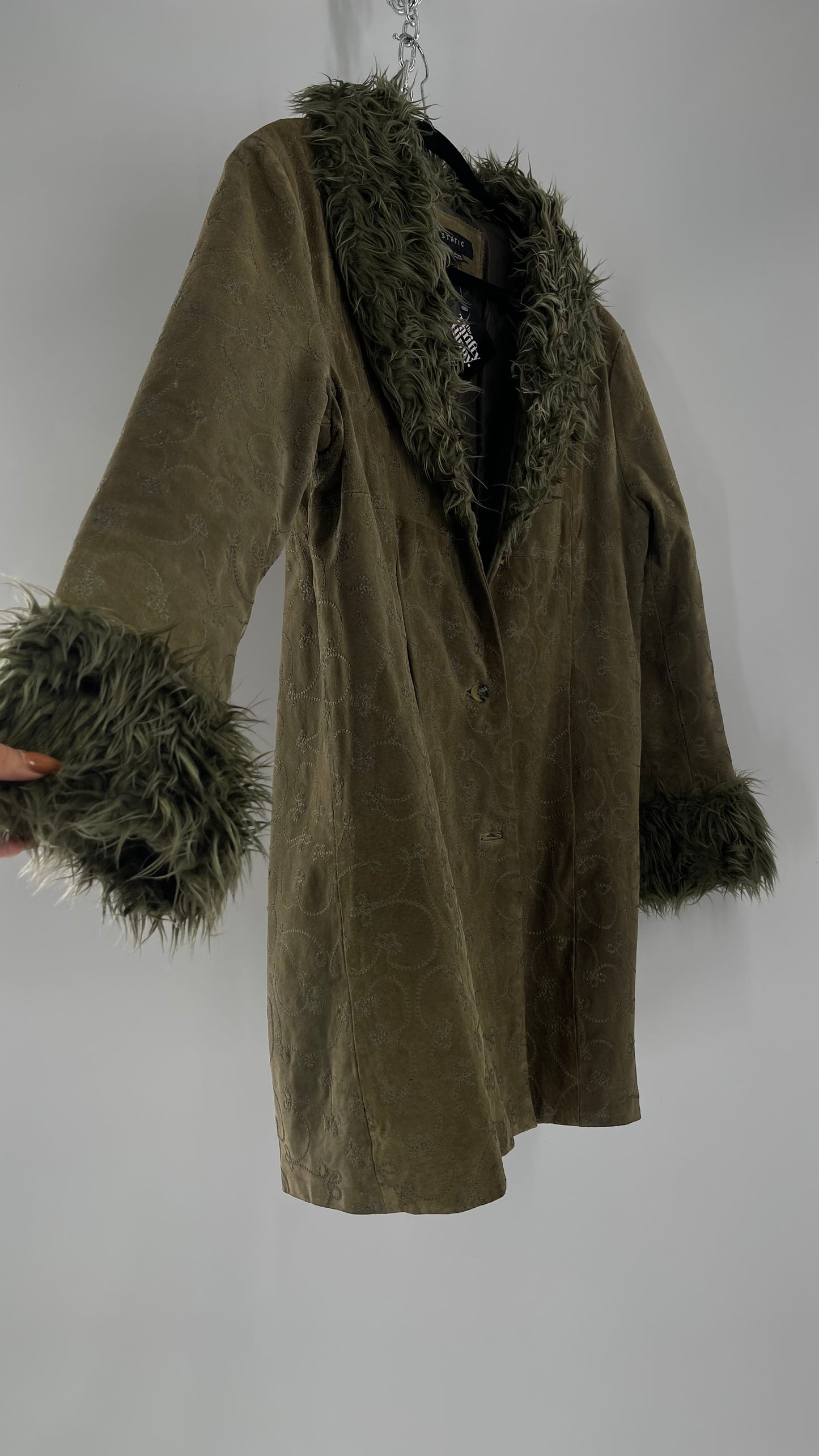 Vintage STATIC Embroidered Genuine Leather Coat with Fur Cuffs and Collar (C) (XL)