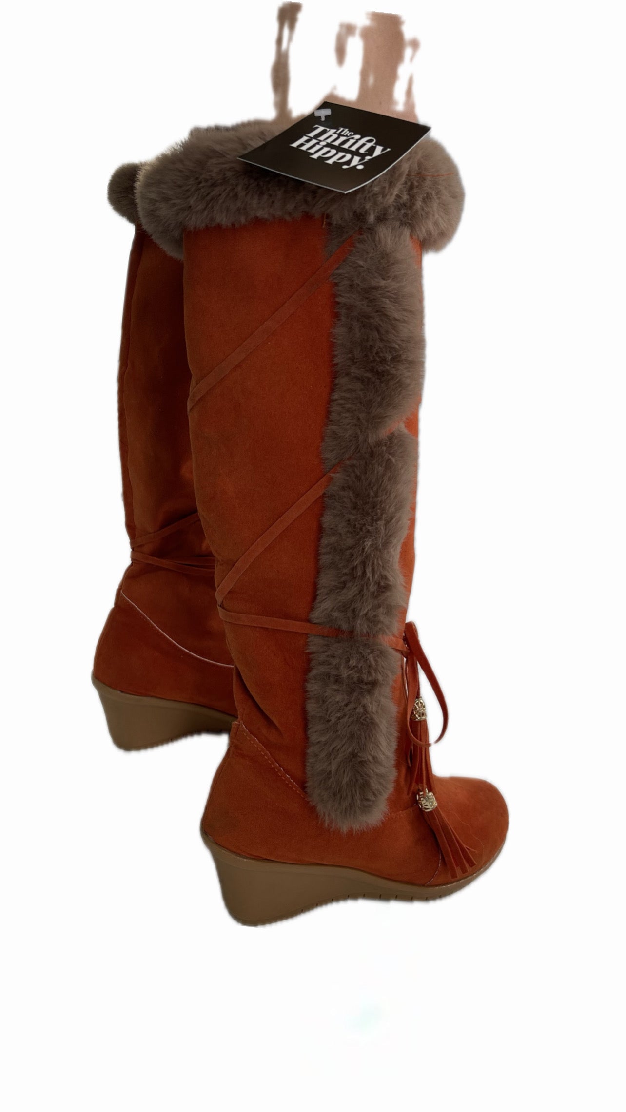 Faux Suede Lace Up Orange Wedge Boots with Faux Fur (37)