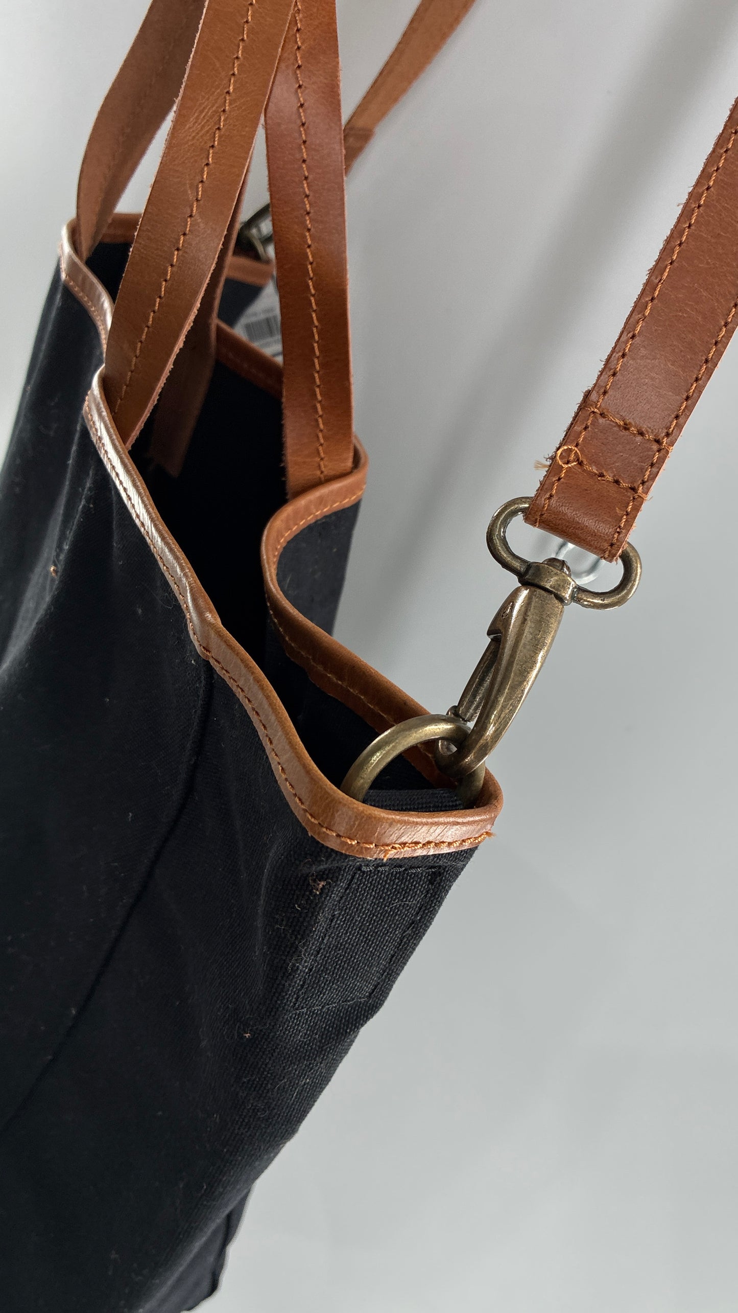 Urban Outfitters Large Black Cotton Tote Bag with Inner Pockets, Genuine Leather Lining and Straps
