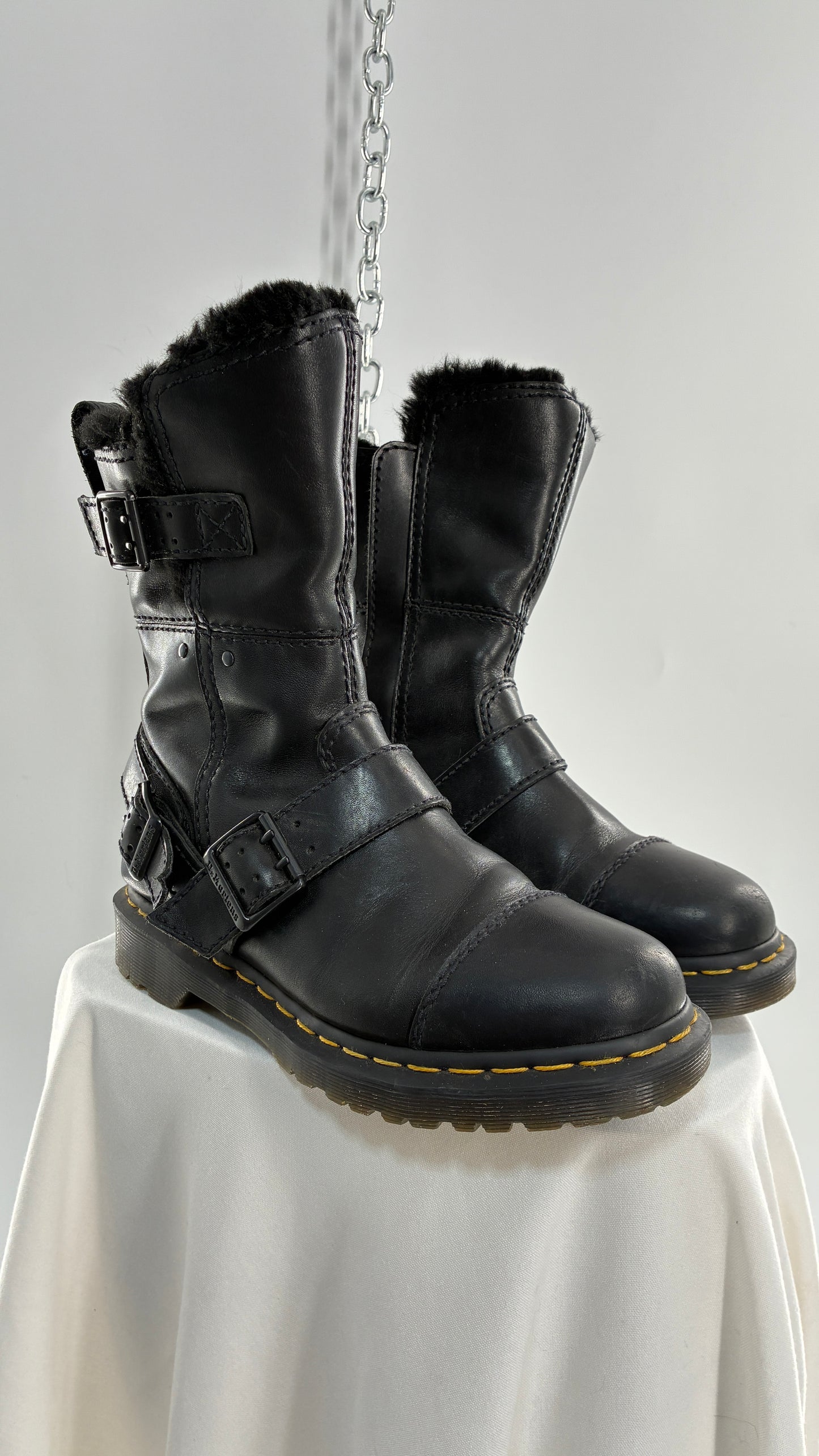 RARE Vintage Dr. Marten Kristy Mid Calf Faux Fur Black Leather Boots (8L)