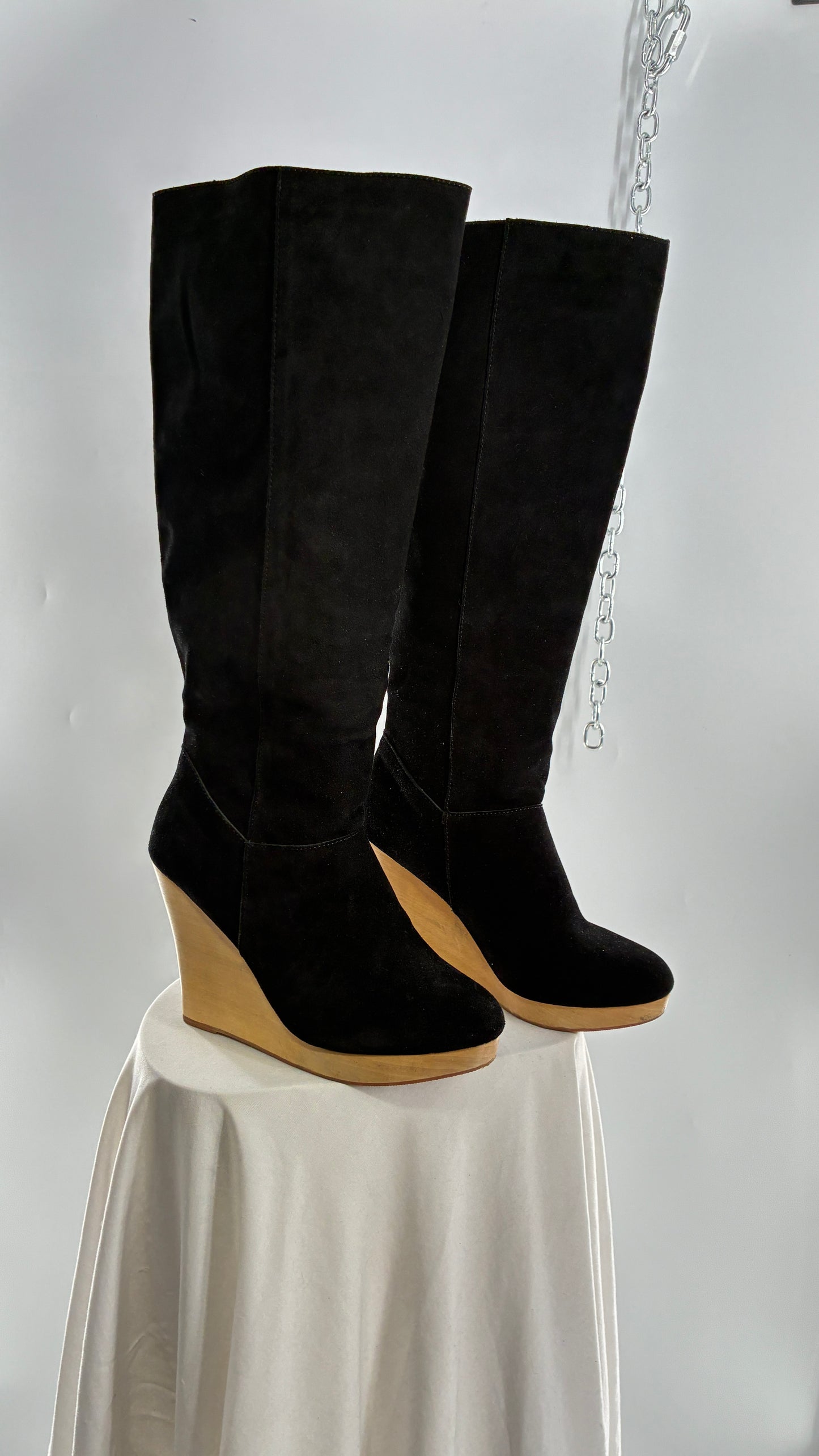 Vintage Black Genuine Suede Leather Knee High Boots with Skinny Wooden Wedge Heel (9)