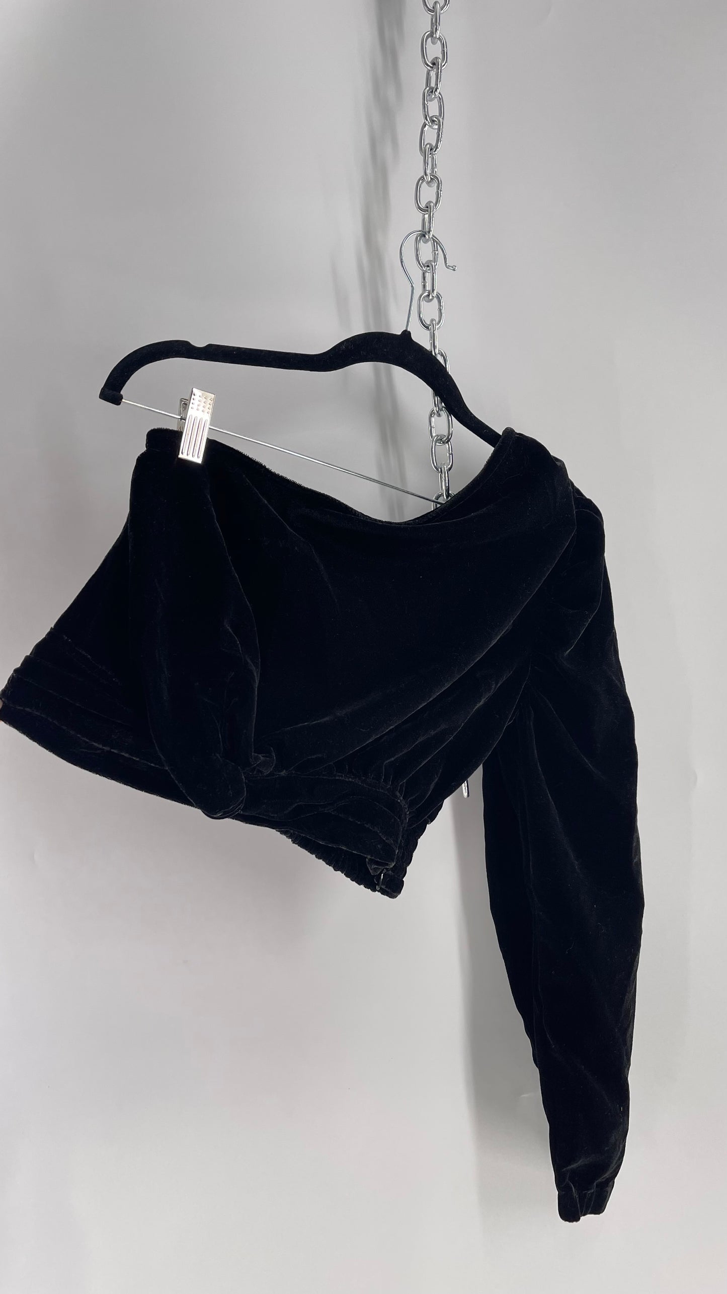 Free People Black Velvet Single Long Sleeve with Ruched Waistline (Small)