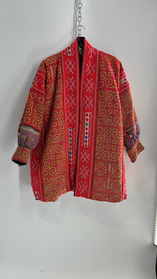 One Size Neon Pink Fully Embroidered and Quilted Reversible Puff Sleeve Coat (Large)
