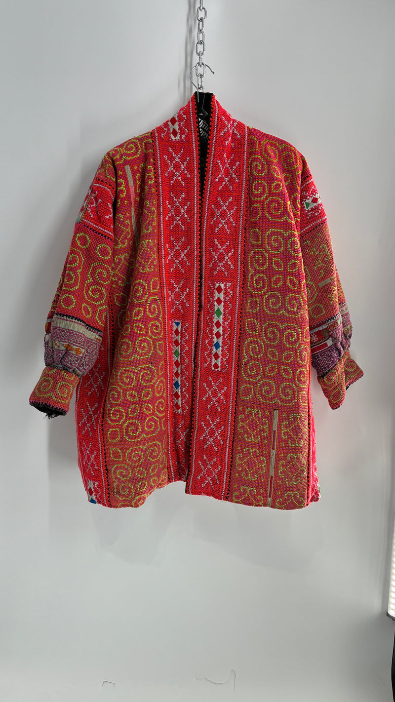 One Size Neon Pink Fully Embroidered and Quilted Reversible Puff Sleeve Coat (Large)