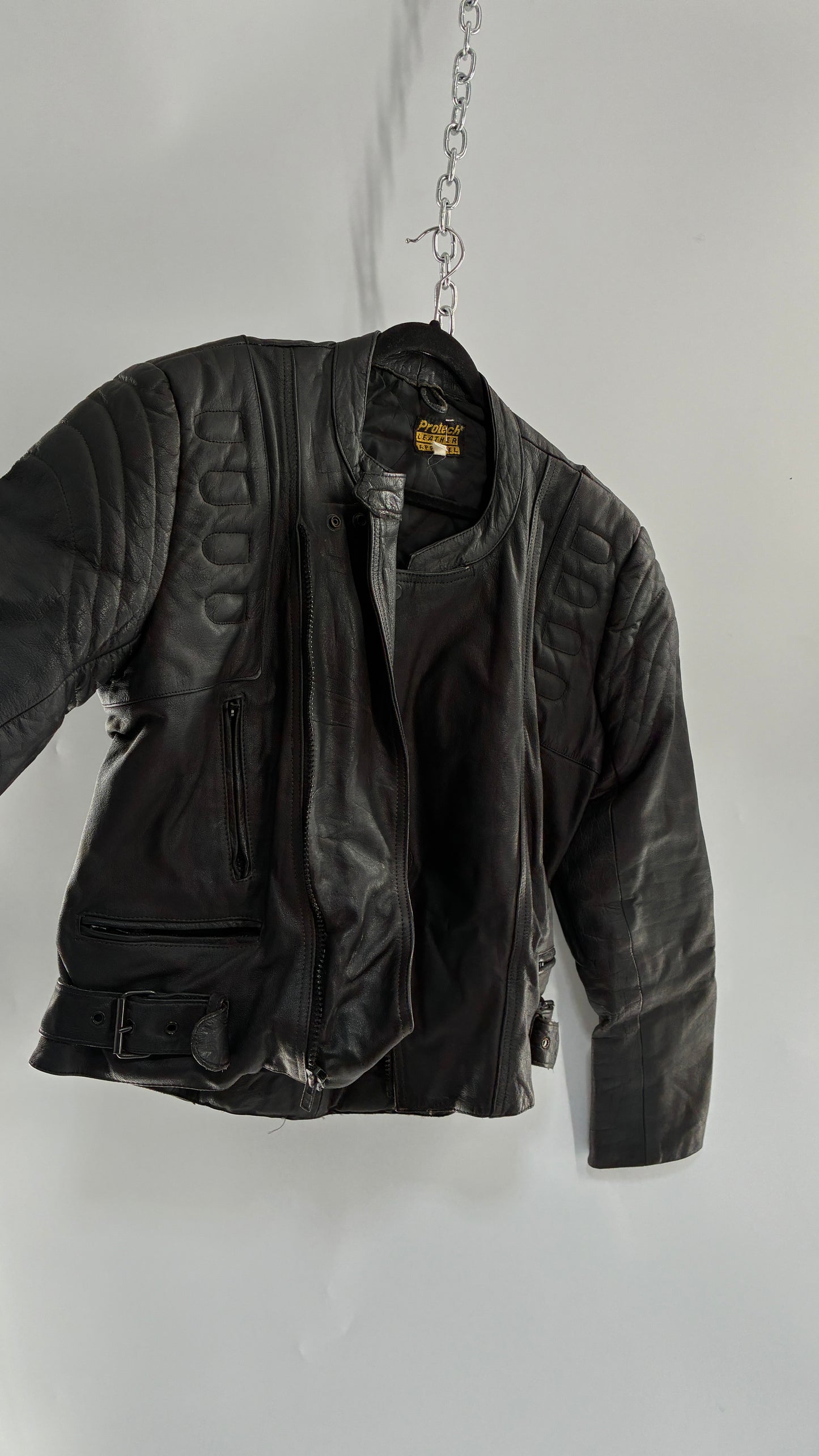 Vintage PROTECH Black Leather Motorcycle Jacket (46)