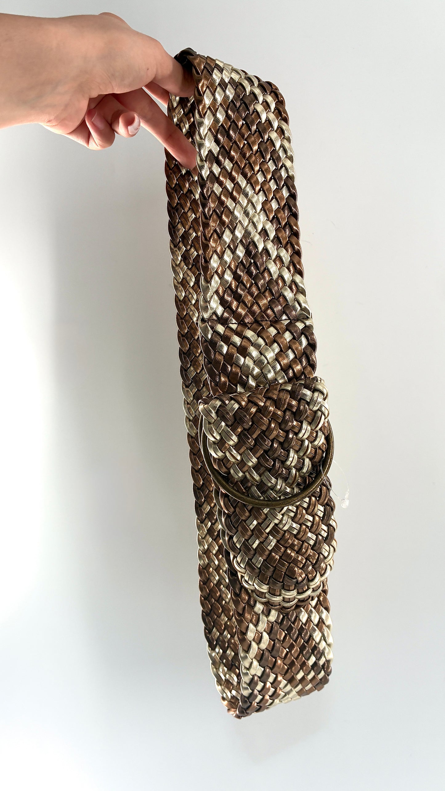 Vintage Metallics Silver Bronze Woven Wide Hip Belt with Oversized Bronze Round Buckles (One Size)