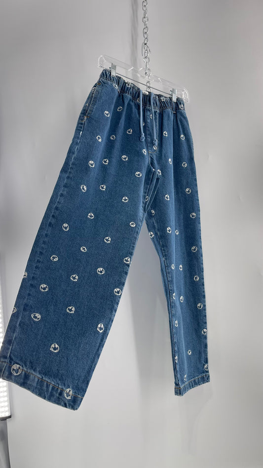 BDG Smiley Face Embroidered Baggy Wide Leg Medium Wash Jeans (Small)