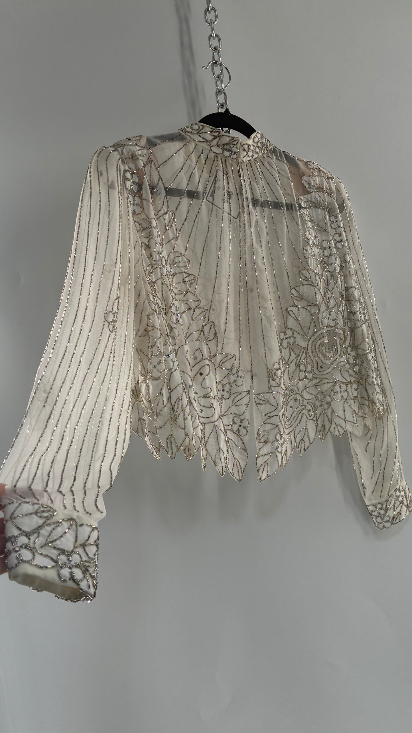Vintage Sheer White Bridal Beaded Open Back Floral Blouse with High Neck (Medium)