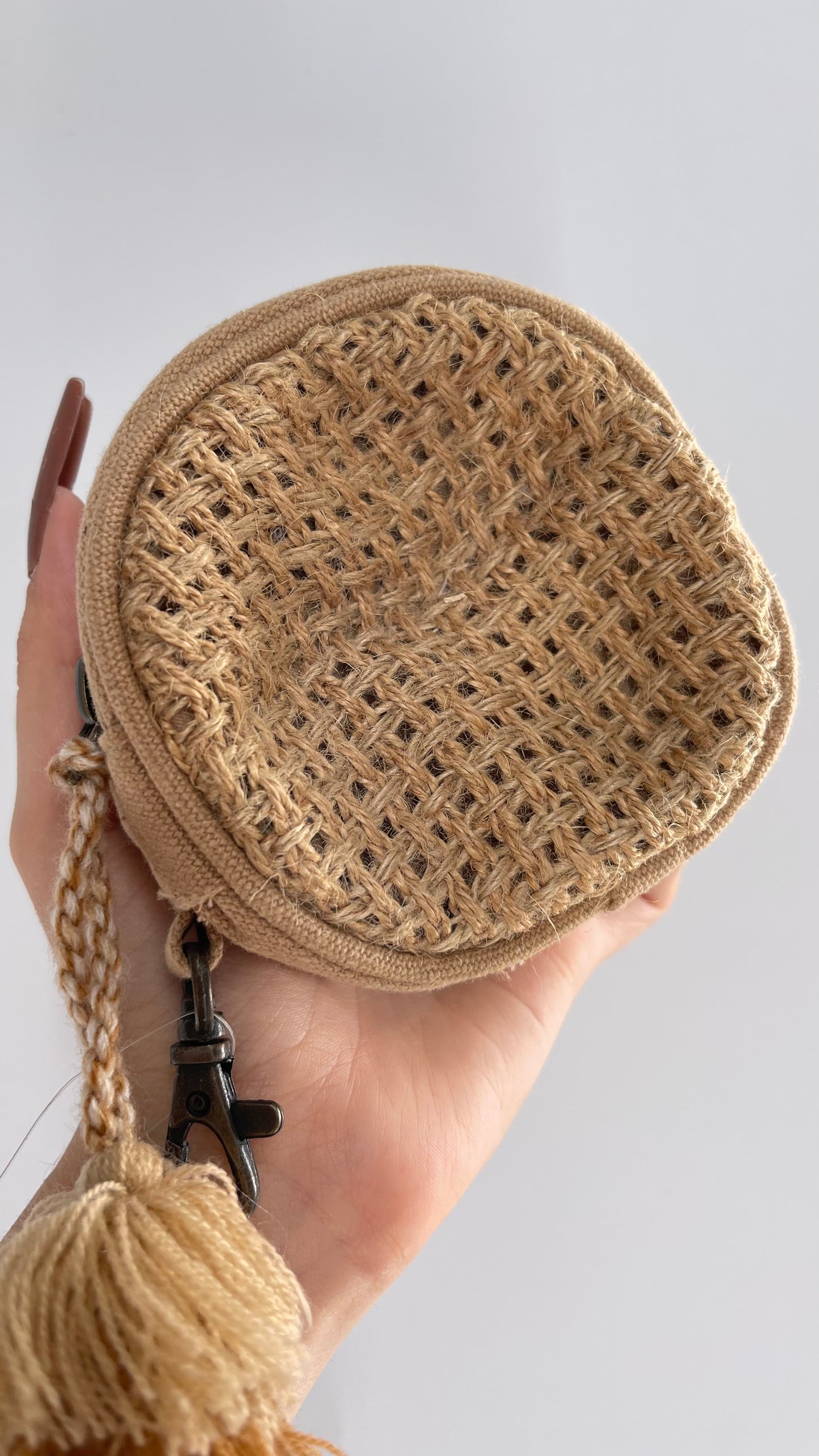 Free People Tan Woven Round Coin Purse with Tassel Keychain