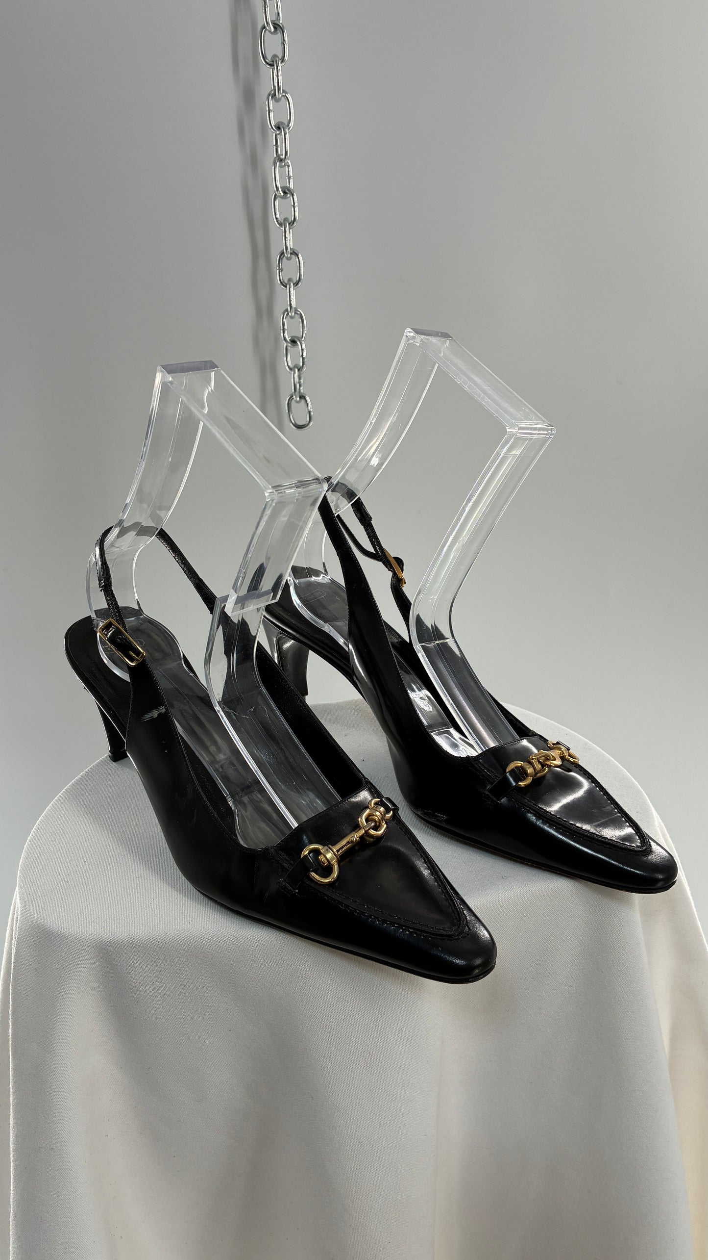 Vintage COACH Black Patent Leather Sling Back Kitten Heel with Brass Closure Detail (8.5)