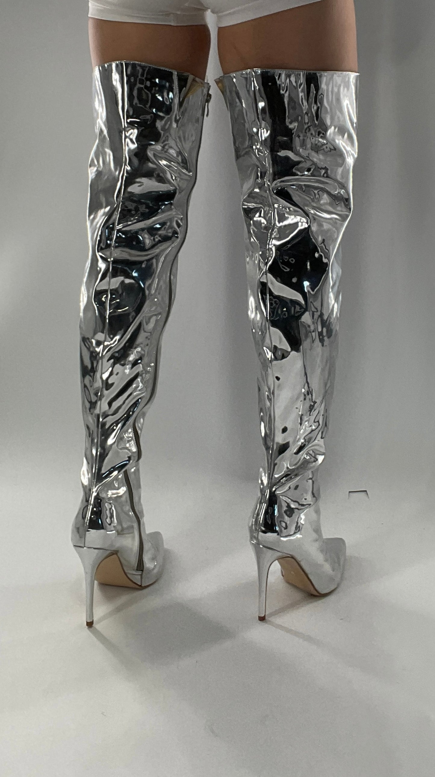 Vintage Chrome Platinum Mirrored Thigh High Molten Metal Sky High Boots Space Cadet/Concert (7)