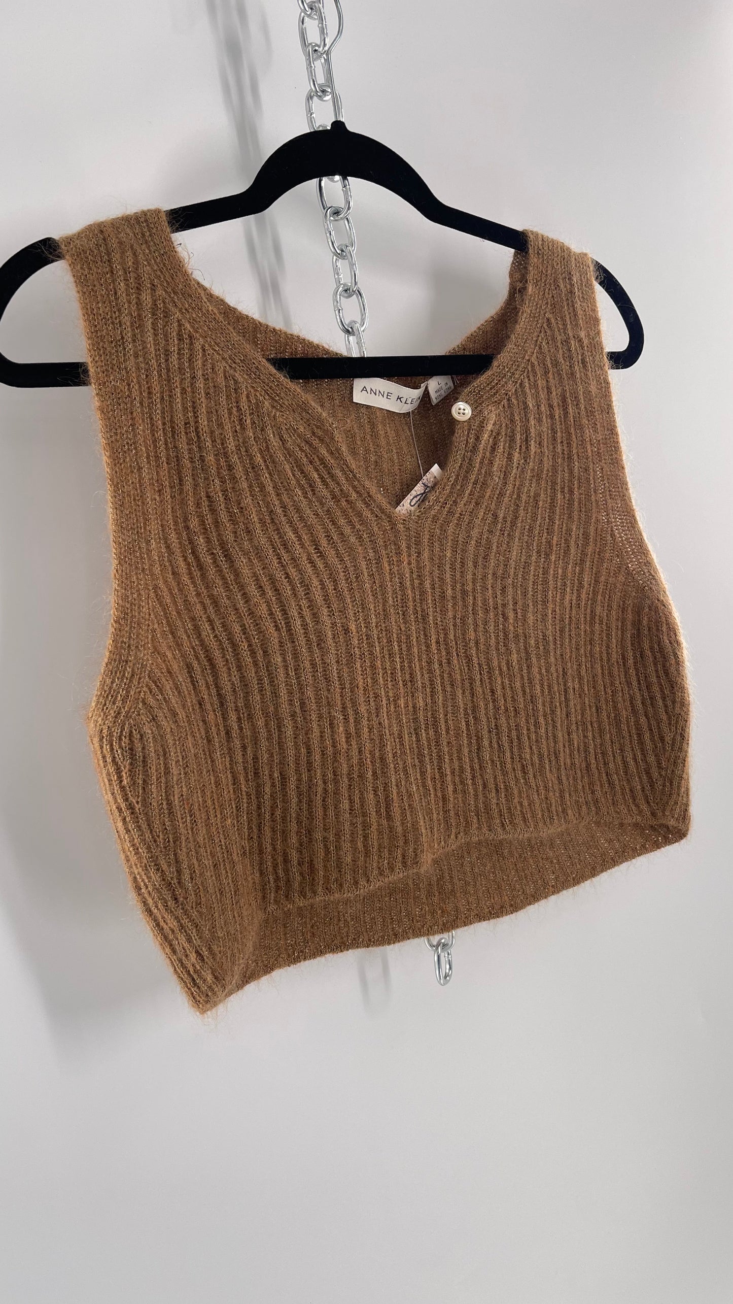 Vintage Anne Klein 42% Mohair Tan Knit Tank with Gold Tinsel (Large)