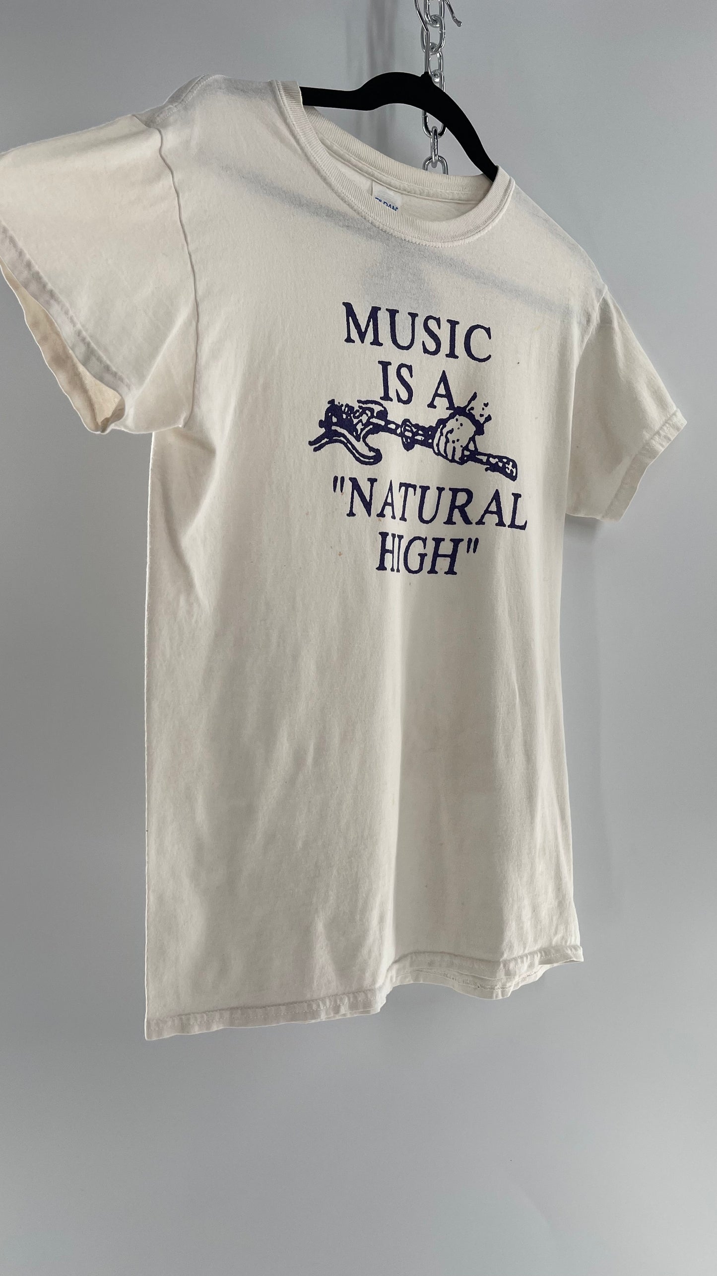 Vintage 1980s White T with Purple Music is a Natural High Font (Small)