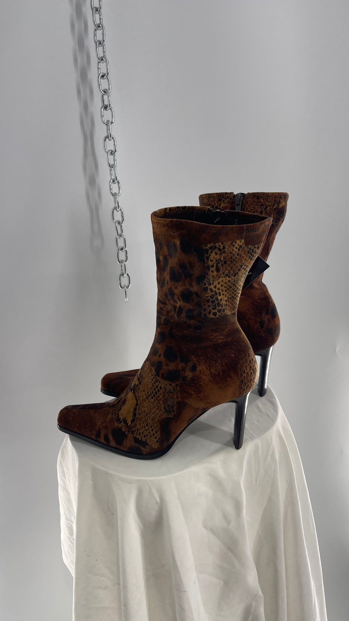 Vintage MOULIN Square Toe Mixed Animal Print Patchwork Booties (8.5)