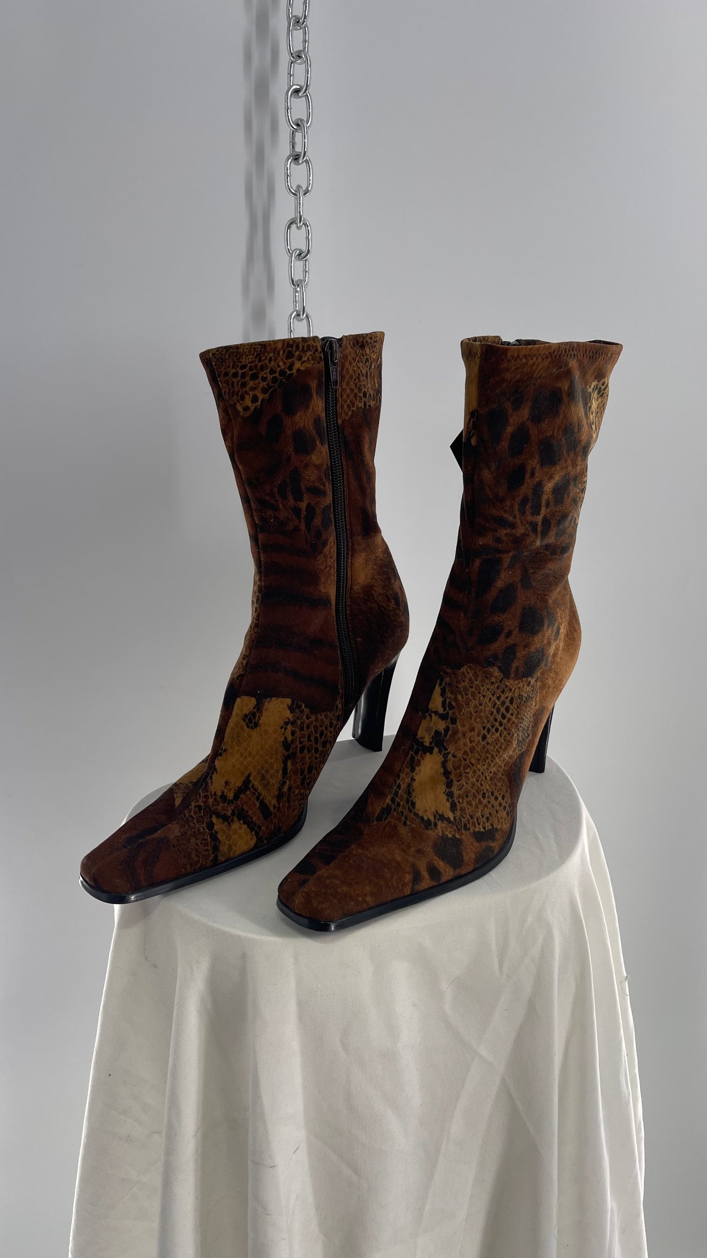 Vintage MOULIN Square Toe Mixed Animal Print Patchwork Booties (8.5)