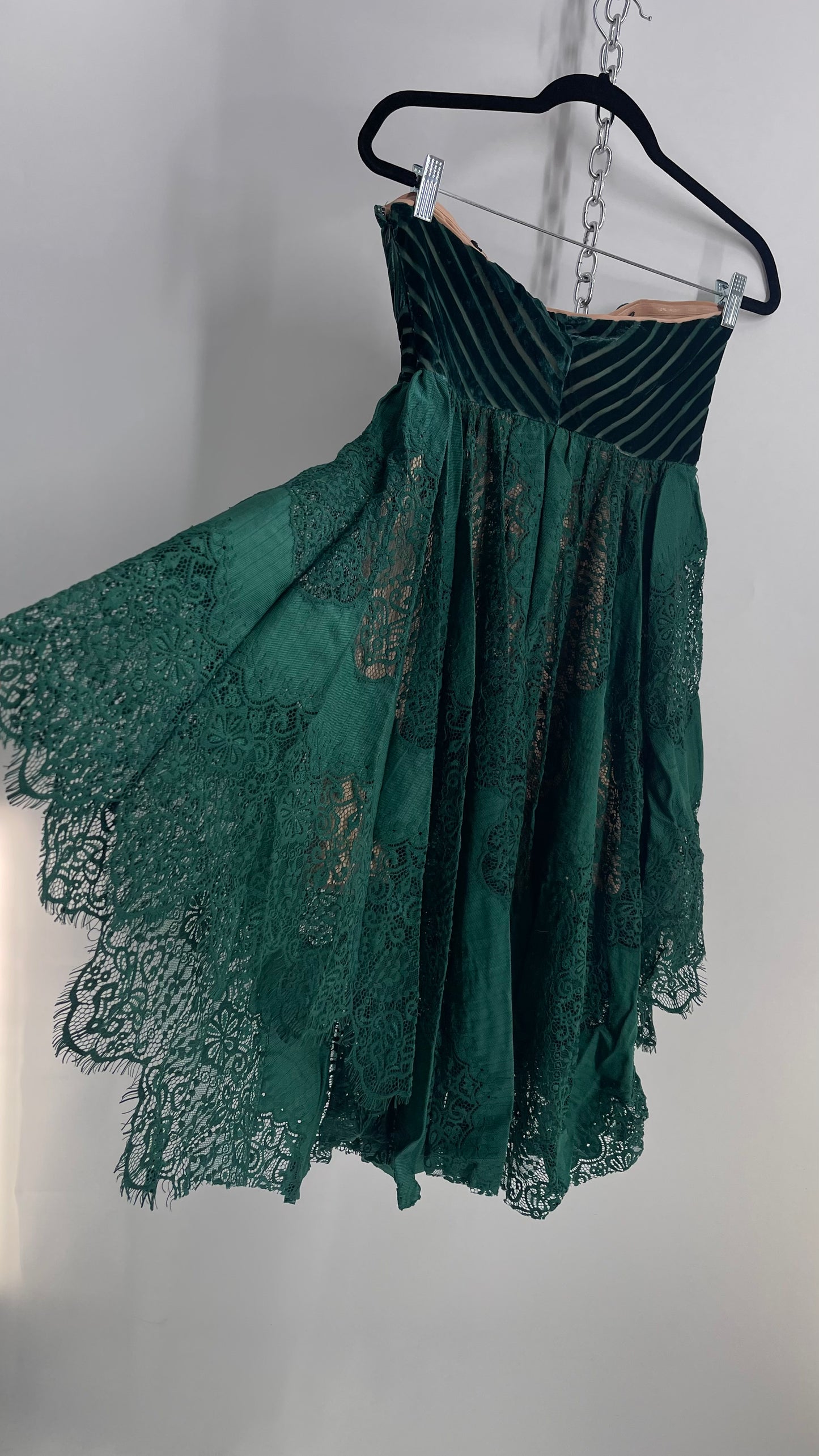 Free People Emerald Green Dress with Velvet Sweetheart Neckline Bustier Bodice with Scalloped Lace, Handkerchief Hem Skirt over Nude Underlay 
 (4)