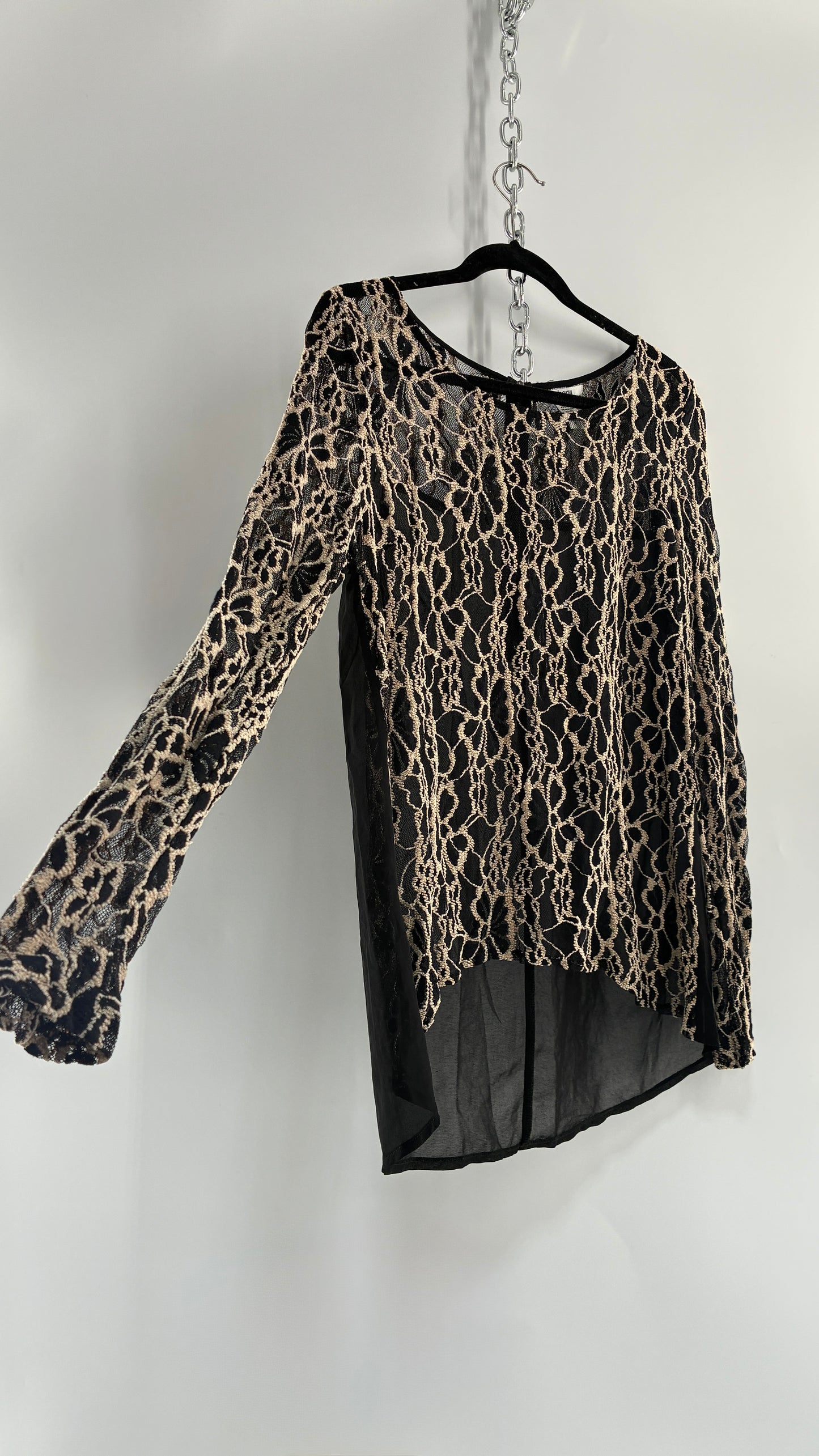 Vintage Black Lace Blouse with  Sheer Back (XL)