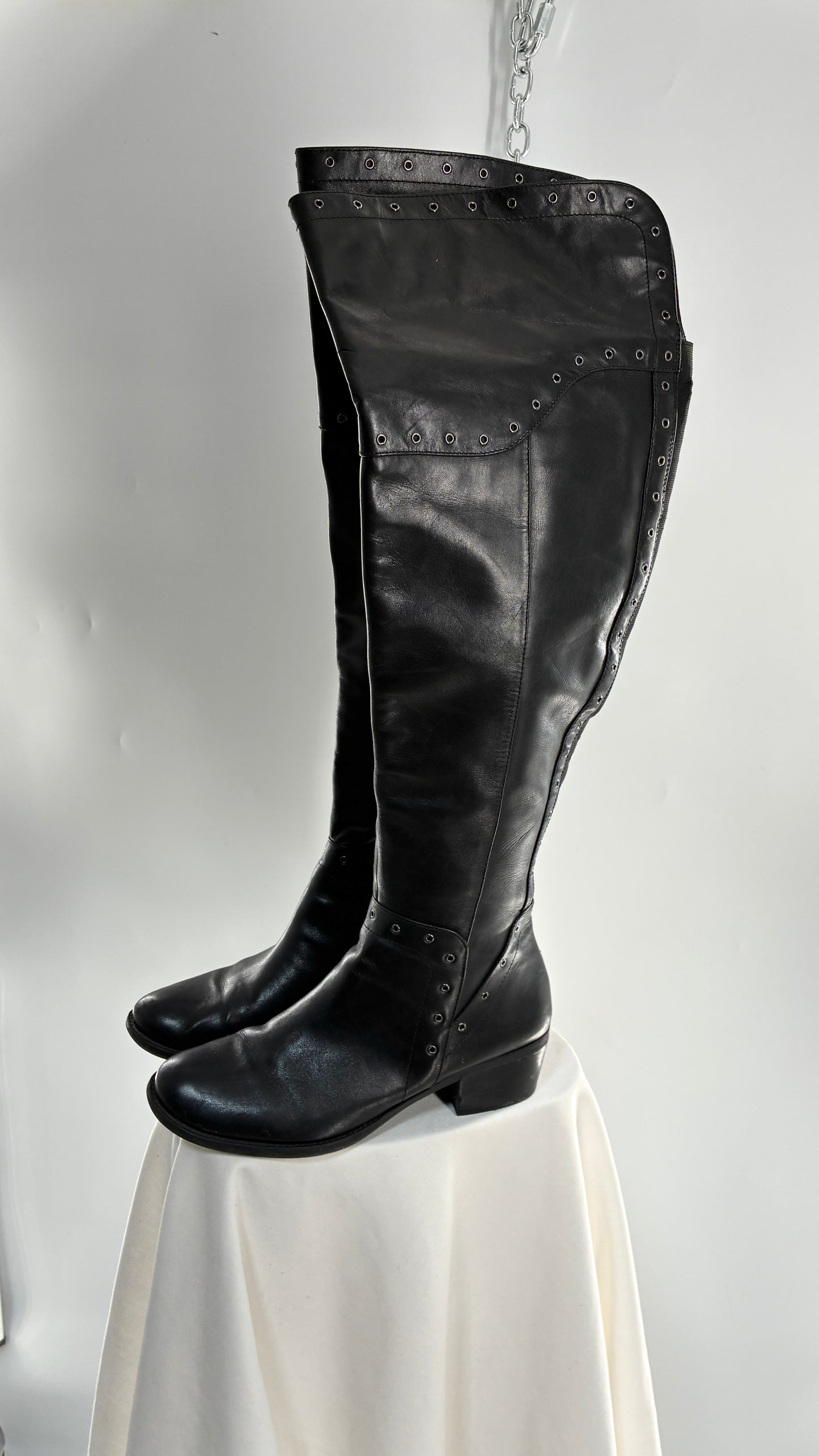VINCE CAMUTO Genuine Leather Black Over the Knee, Thigh High Boots with Studding Details (11/41)