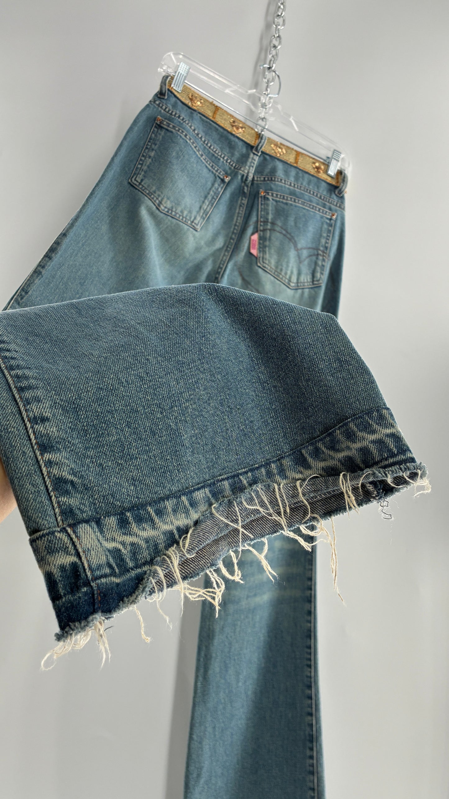 Vintage VOYAGE PASSION Kick Flare Light Wash Jeans with Heart Embroidered Bum and Gold Sequin Belt (28)