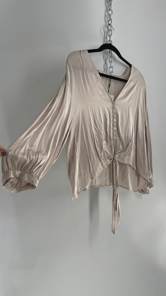 ZARA Silky Long Sleeve Champagne Blouse with Tags Attached (XL)