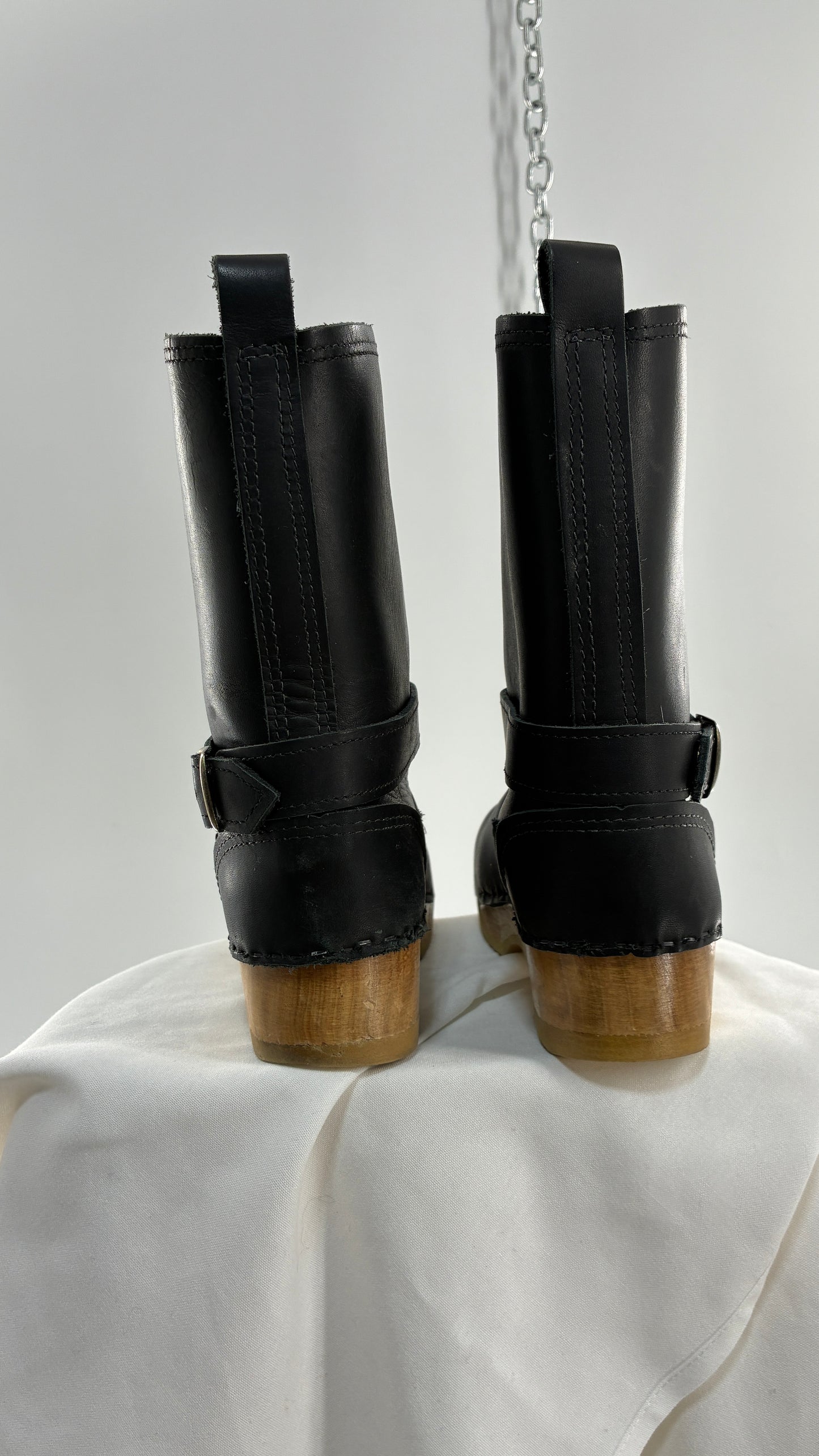 Vintage SVEN Swedish Thick Leather Black Clog Boots with Wooden Sole (38)