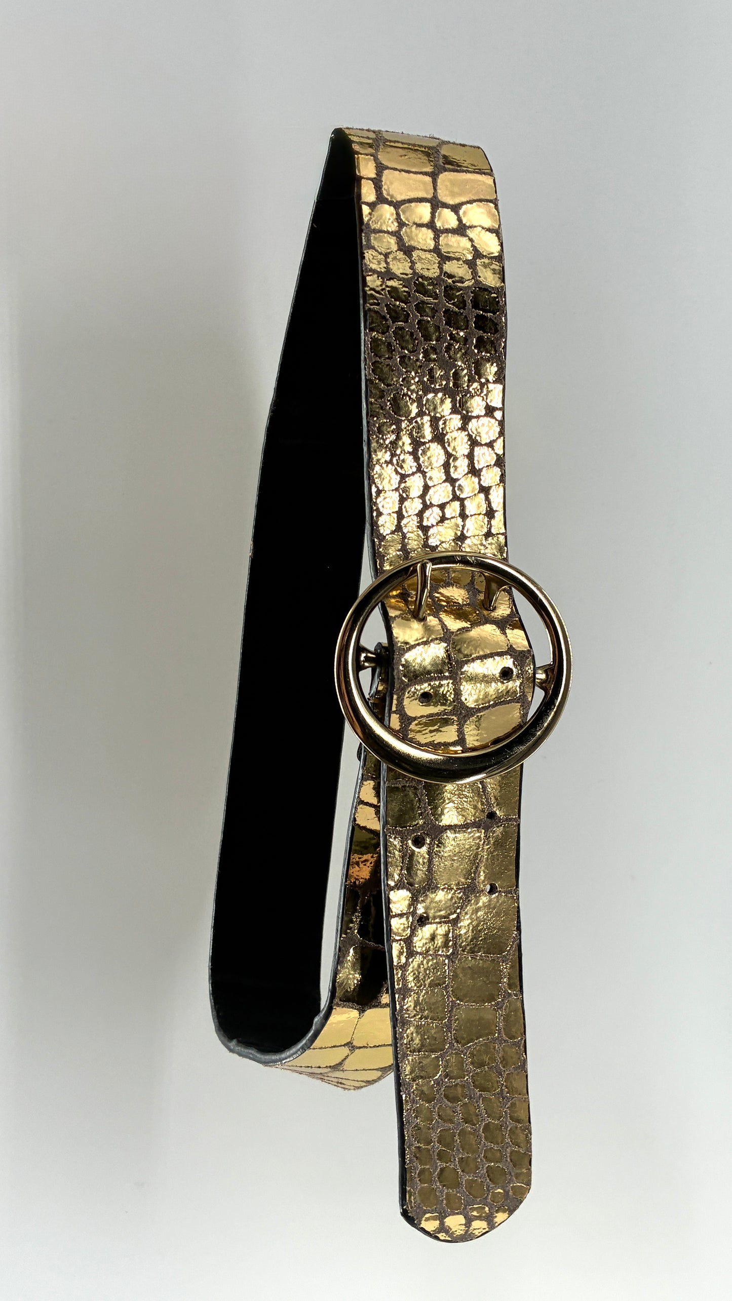 Vintage Free People Metallic Gold Leather Embossed Round Buckle Belt (S/M)