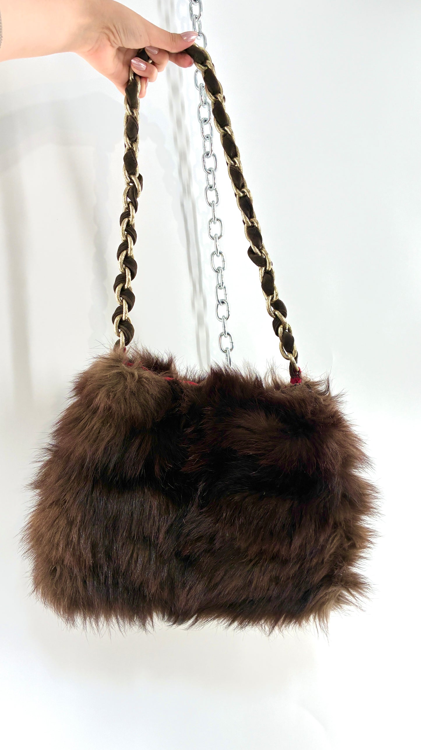 Vintage Handmade Genuine Fur Bag with Heavy Interlaced Gold Chain Strap