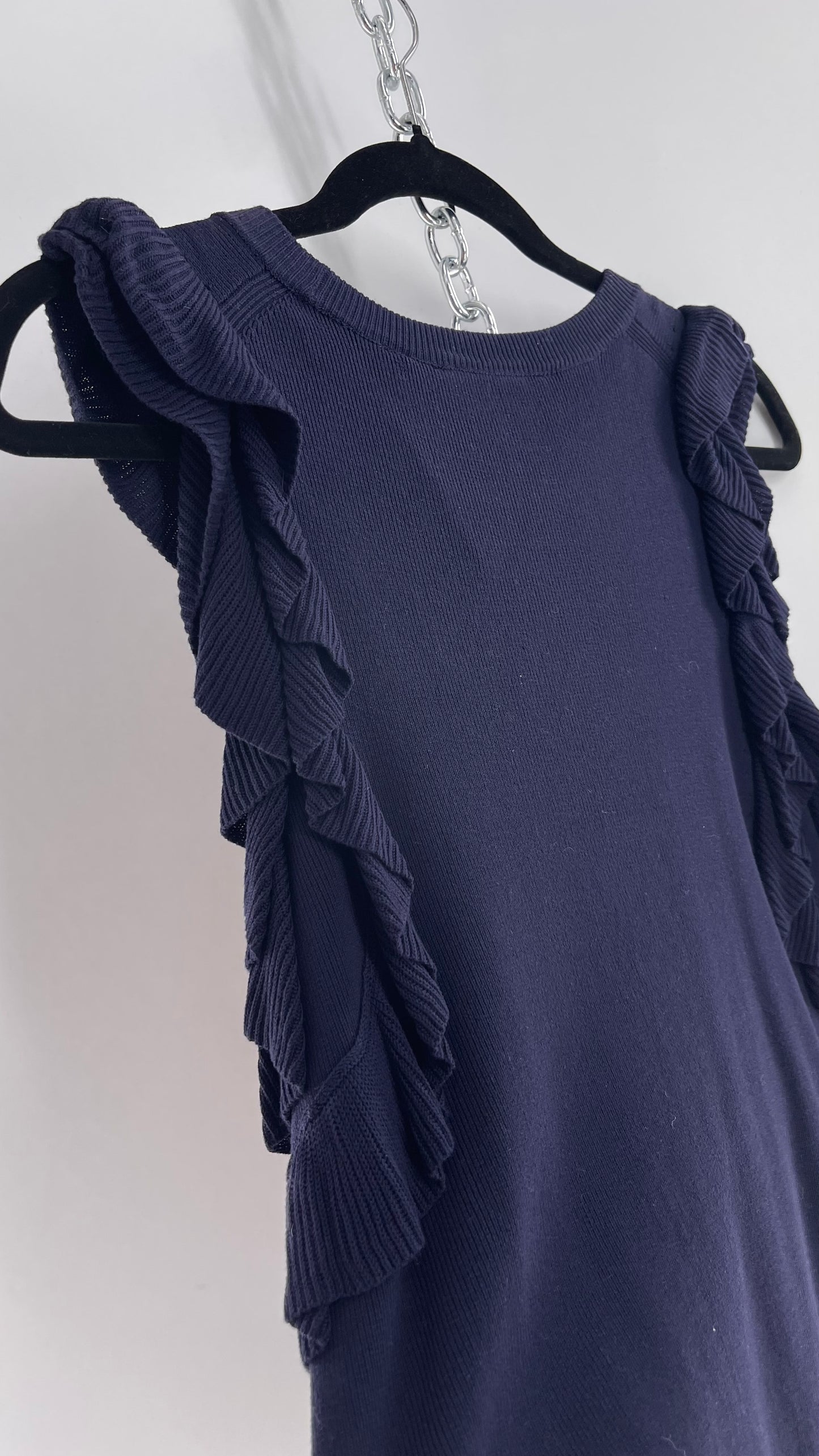 Anthropologie Knitted & Knotted Navy Ruffled Arm Sleeveless Blouse (Small)