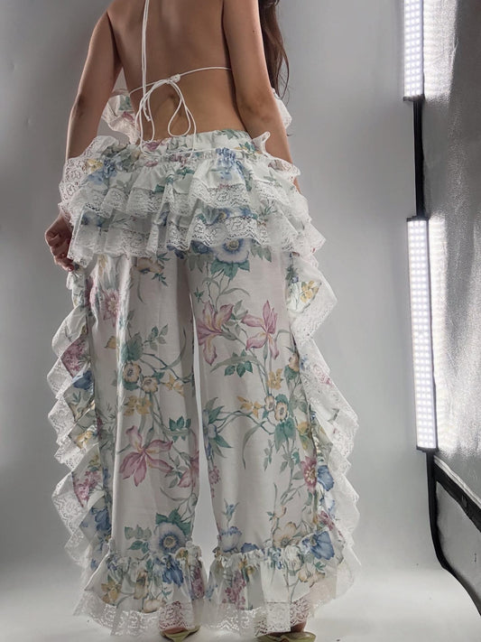 Handmade Vintage 2Piece Muted Pastels, Wispy Florals Ruffled Bum Set (XS-XL)