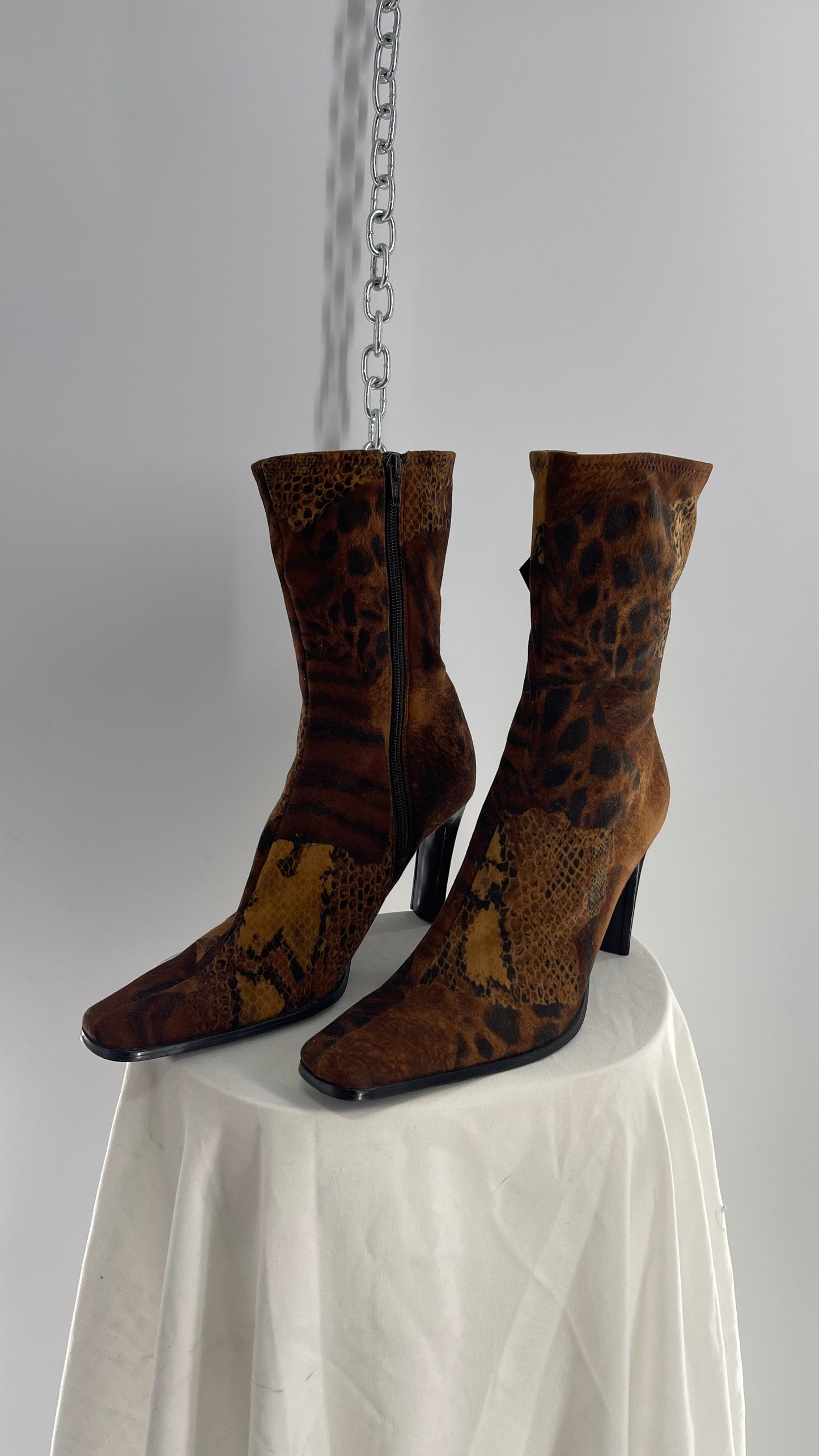 Vintage MOULIN Square Toe Mixed Animal Print Patchwork Booties (8.5)