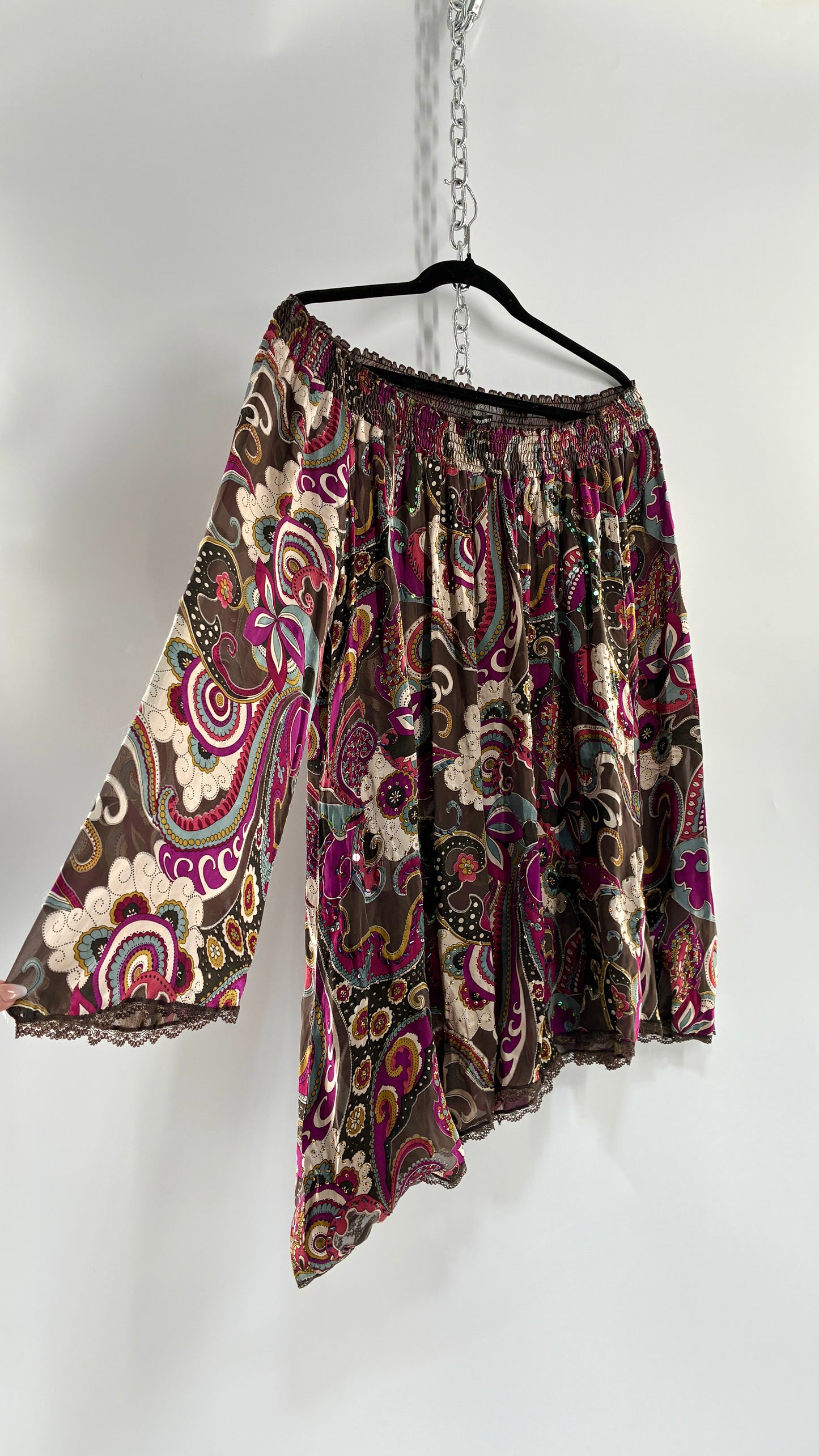 Vintage Italian 1990s 35% Silk Beaded Off the Shoulder Paisley Blouse/Mini Dress with Lace Trim (One Size)